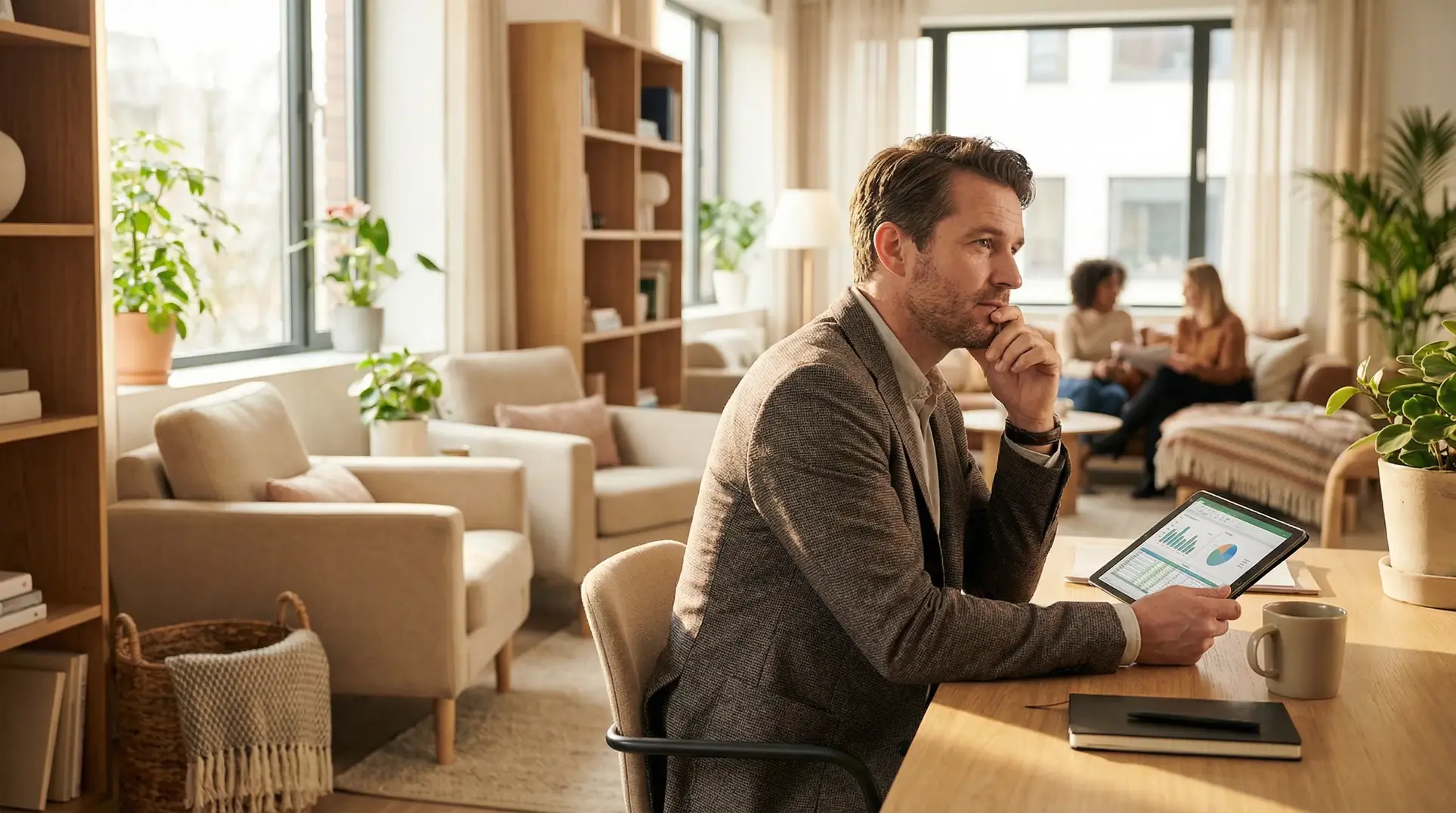 A modern office or living space featuring a person working on a tablet displaying graphs at a table. The setting includes comfortable chairs, potted plants, and a mug on the table. In the background, two people are sitting on a couch having a conversation. Large windows let in natural light, creating a bright and inviting atmosphere.