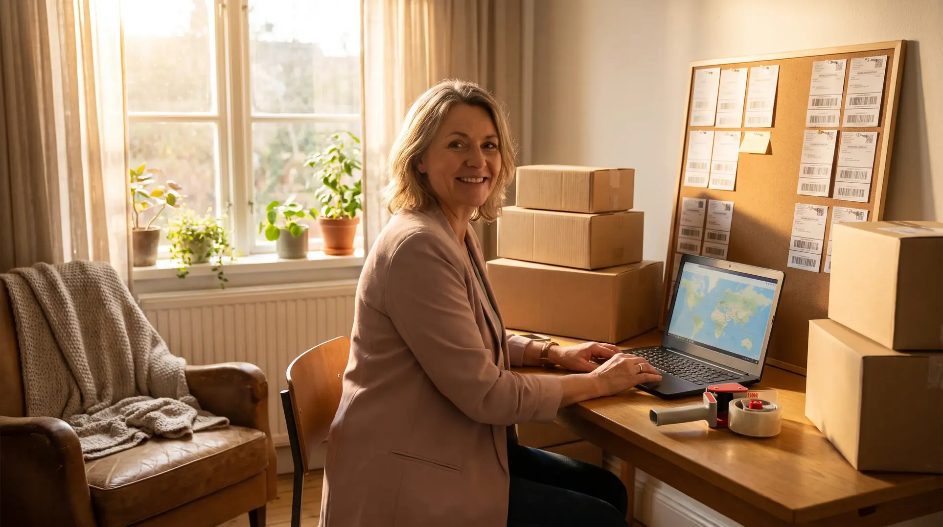 A woman is sitting at a desk in a cozy home office, working on a laptop displaying a map. The desk is cluttered with several cardboard boxes, packing tape, and a dispenser. Behind her, a corkboard with pinned labels or notes is visible. A window with plants on the windowsill and a chair draped with a knit blanket complete the warm workspace setting.