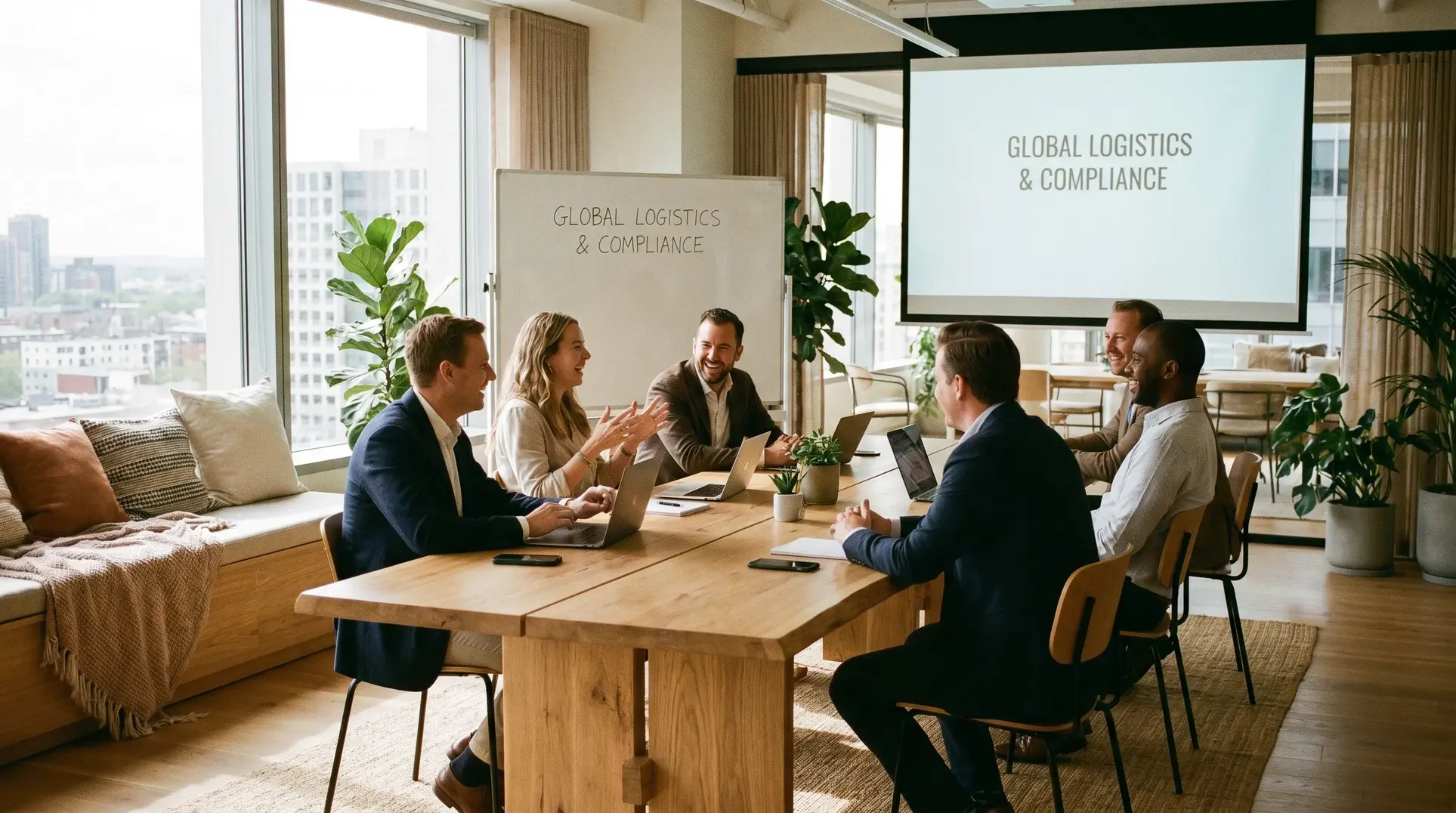 A group of professionals in a modern, bright office seated around a large wooden table with laptops, discussing topics related to 'Global Logistics & Compliance' displayed on a whiteboard and screen. The room features large windows with a city view and decorative plants, creating a professional and collaborative atmosphere.