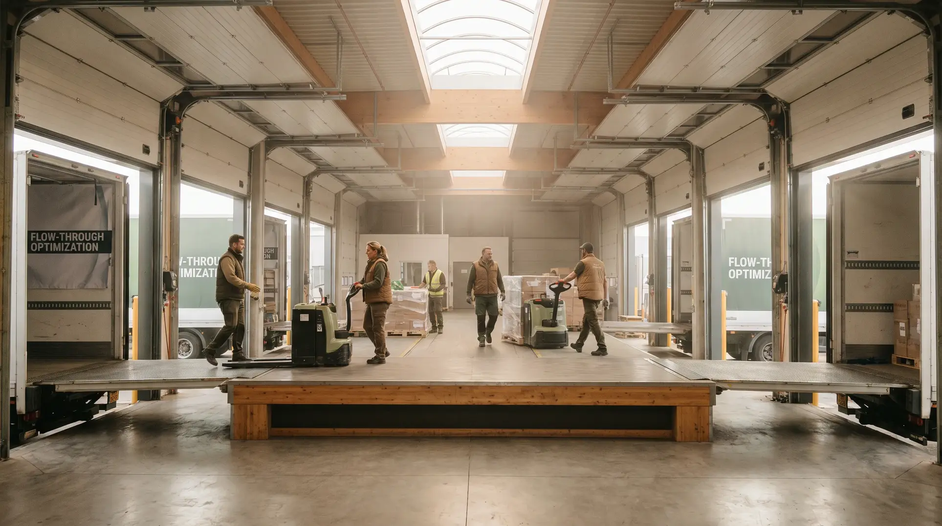 A busy warehouse featuring open loading bays with trucks labeled 'Flow-Through Optimization,' highlighting efficient logistics. Workers are handling pallets in the well-lit space with skylights above, indicating an active shipping or receiving operation.