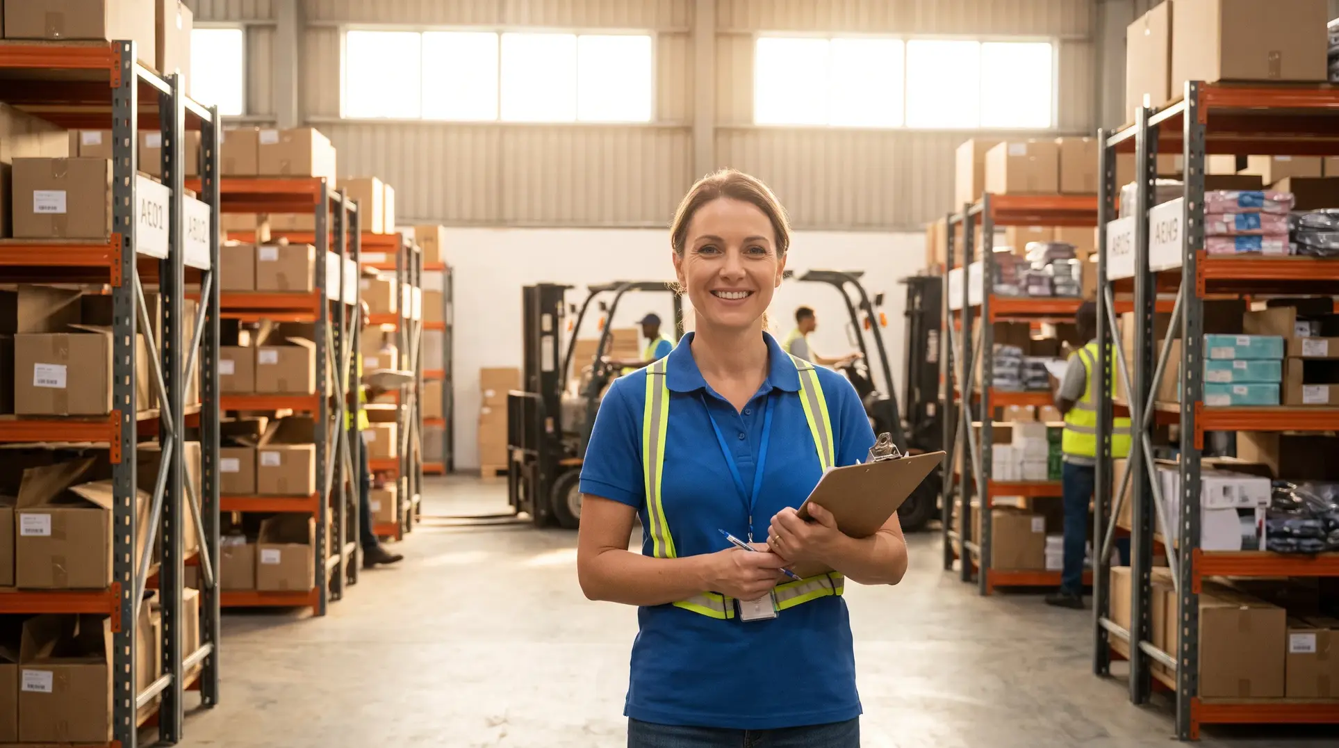 A well-lit and organized warehouse where a person wearing a blue shirt and a reflective vest is smiling at the camera while holding a clipboard. Behind them are shelves filled with boxes and items, with people operating forklifts in the background, representing a typical storage or distribution facility.