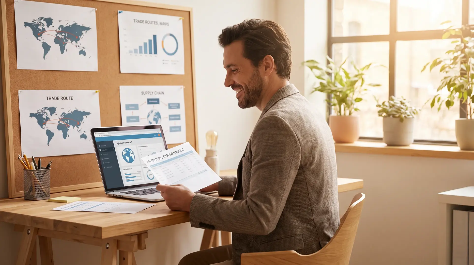 A man sits at a desk with a laptop and holds papers, with a bulletin board behind him displaying maps and graphs related to trade routes and supply chains. The well-lit office has natural light coming in from a window, with several potted plants on the windowsill, suggesting a workspace dedicated to logistics or international shipping.