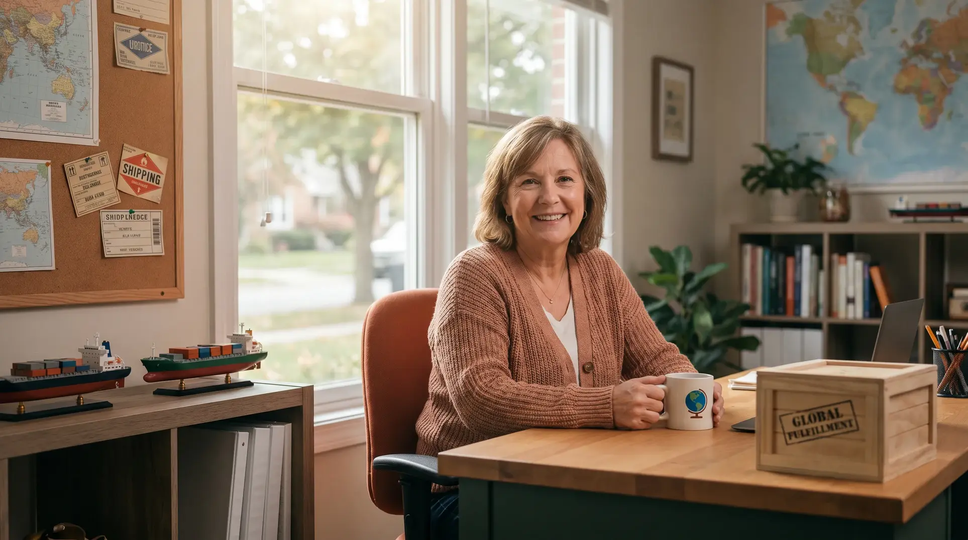 A person is seated at a wooden desk in an office setting, smiling and holding a mug with a globe design. Behind them are bookshelves with books, plants, and model ships. A corkboard featuring maps and shipping tags is mounted on the wall. The desk has a wooden box labeled 'GLOBAL FULFILLMENT.' A window in the background shows a view of trees outside.