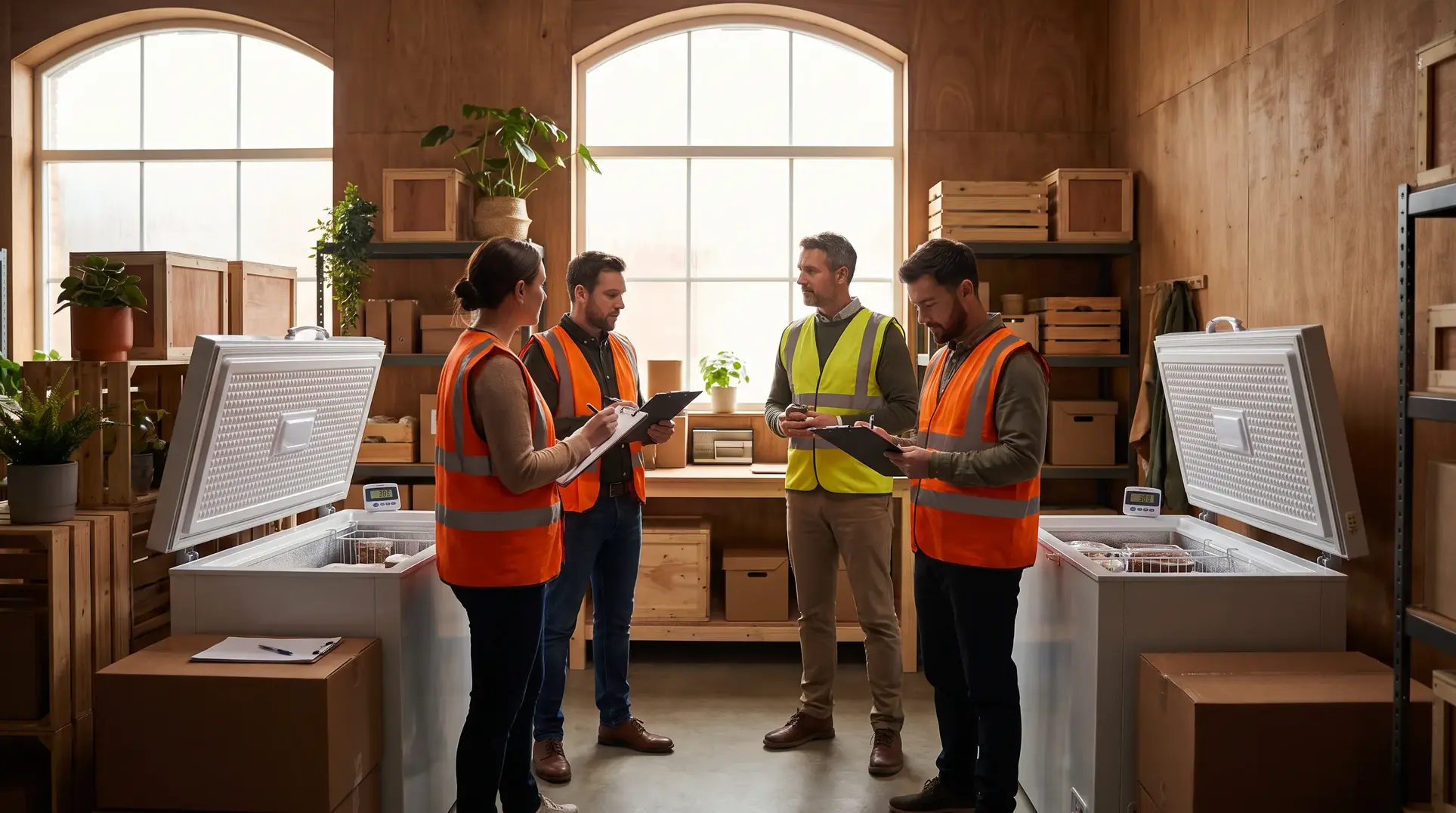 A group of people wearing reflective vests are having a discussion in a workspace, likely about logistics or inventory. Open freezers with clipboards are in the foreground, while shelves with boxes and plants are visible in the background, suggesting a warehouse or storage area.