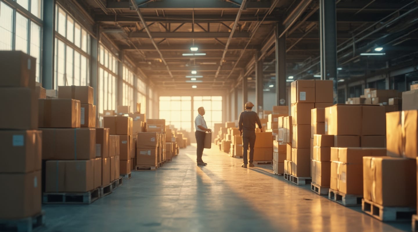 A warehouse environment with workers wearing orange safety vests and white hard hats. They are inspecting or organizing stacks of cardboard boxes, some on pallets, while using clipboards or paperwork. The warehouse is well-lit with large windows and overhead lights.