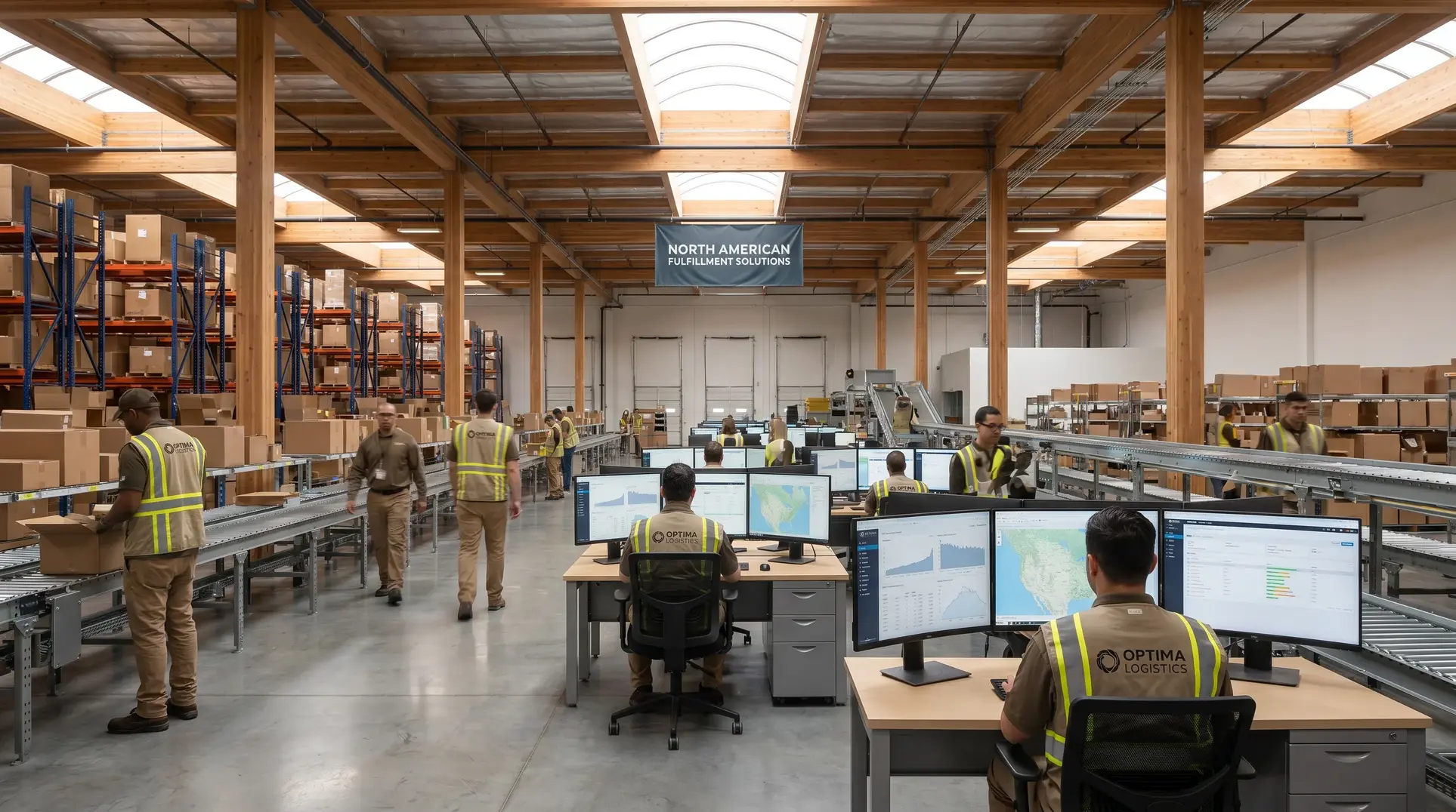 The interior of a warehouse or fulfillment center where employees work at computer stations labeled 'Optima Logistics,' while others handle boxes on a conveyor system. The space features organized racks stacked with boxes, and a banner reading 'North American Fulfillment Solutions' hangs from the ceiling.