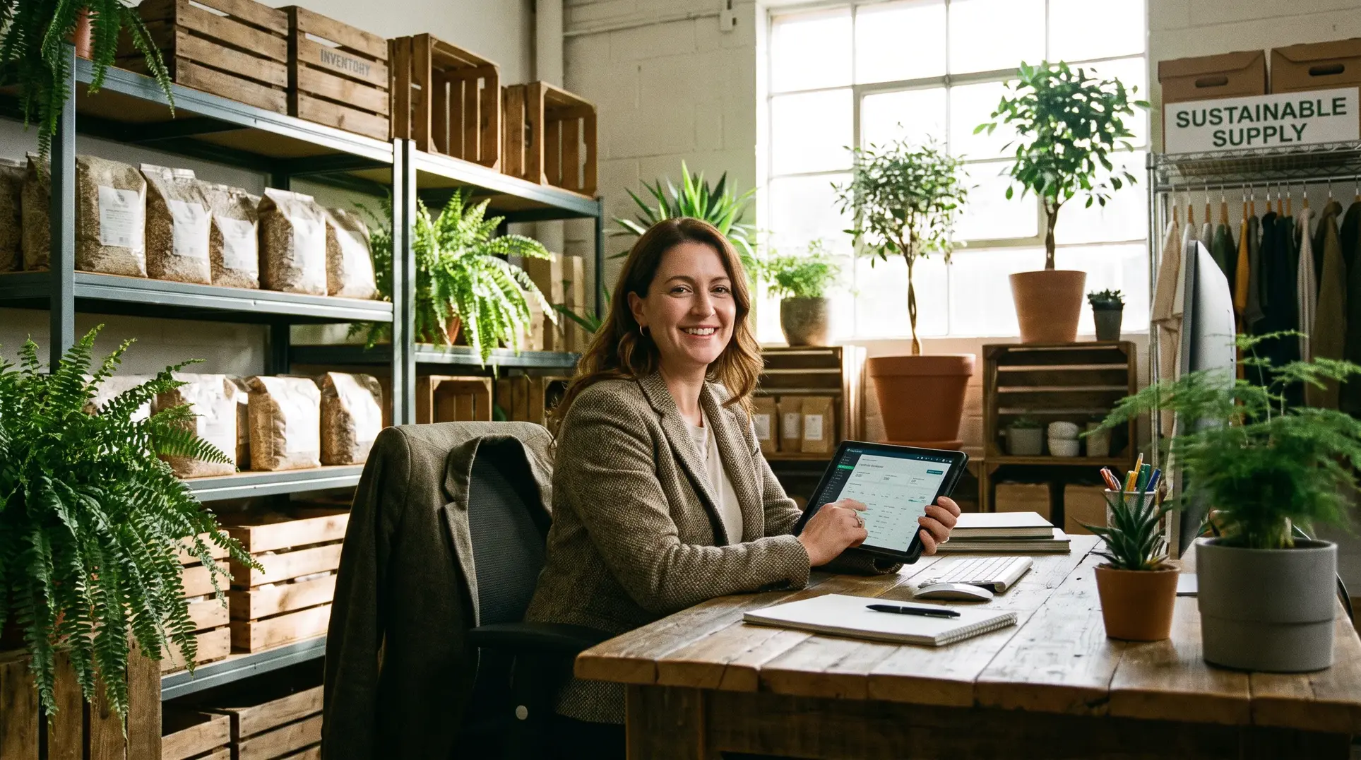 A woman sits at a wooden desk in an office, holding a tablet and smiling at the camera. The office is decorated with plants, shelves of packaged items, and wooden crates labeled 'INVENTORY.' Clothes hang on a rack with a sign reading 'SUSTAINABLE SUPPLY,' suggesting a focus on sustainability.