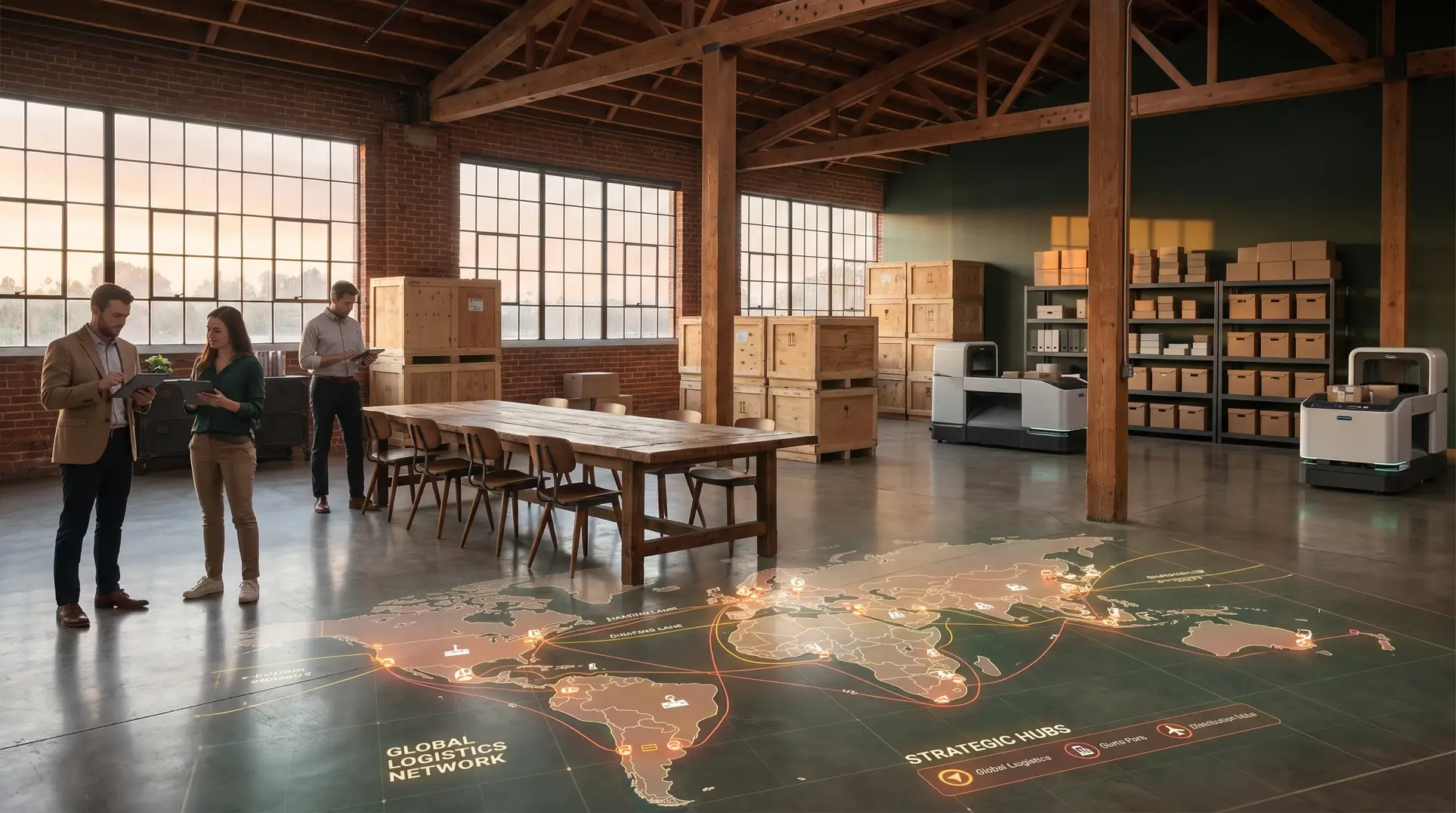 A warehouse interior featuring workers using digital tablets. The floor displays a digital map labeled 'Global Logistics Network' with strategic hubs and transportation routes. Surrounding the area are wooden crates, shelves filled with boxes, and robots likely used for transporting goods. The environment has large windows and wooden beams, giving it an industrial appearance.