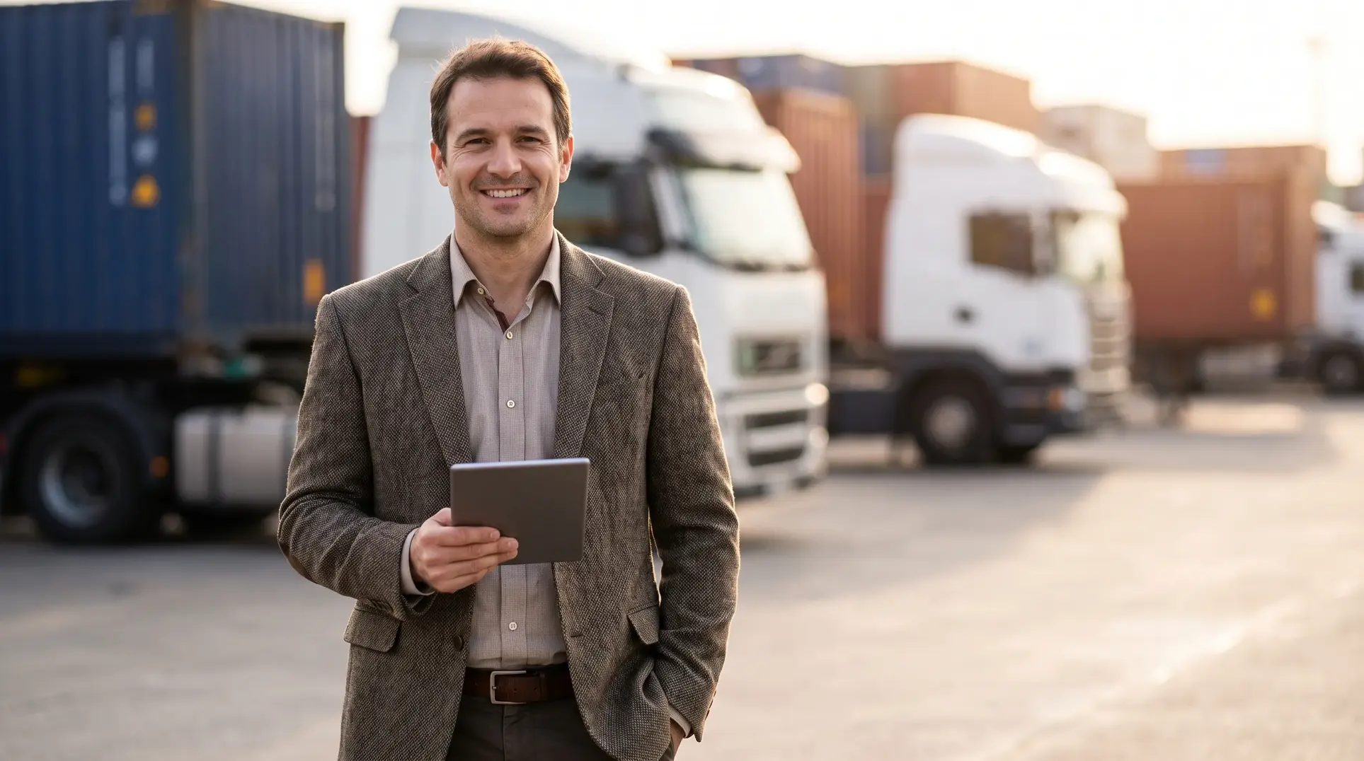 A person wearing a blazer is standing outdoors, holding a tablet and smiling slightly. Behind them, large trucks with shipping containers are visible, indicating a transportation or logistics-related environment.