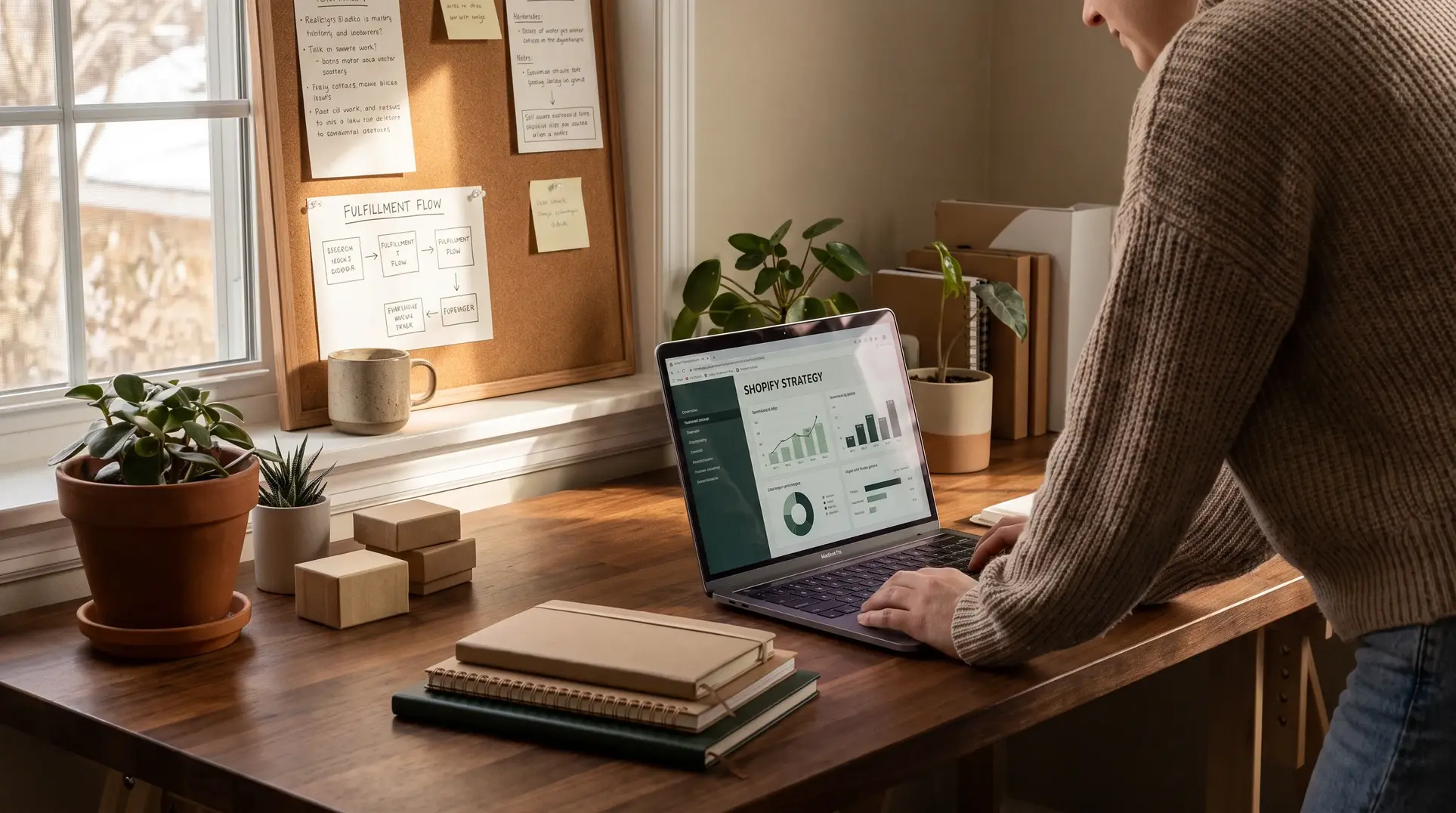 A person working at a desk in a well-lit home office. The laptop on the desk displays graphs under the title 'Shopify Strategy.' The desk is accessorized with notebooks, small potted plants, and wooden blocks. A corkboard on the wall features notes and a fulfillment flow chart, illuminated by natural light from a nearby window.