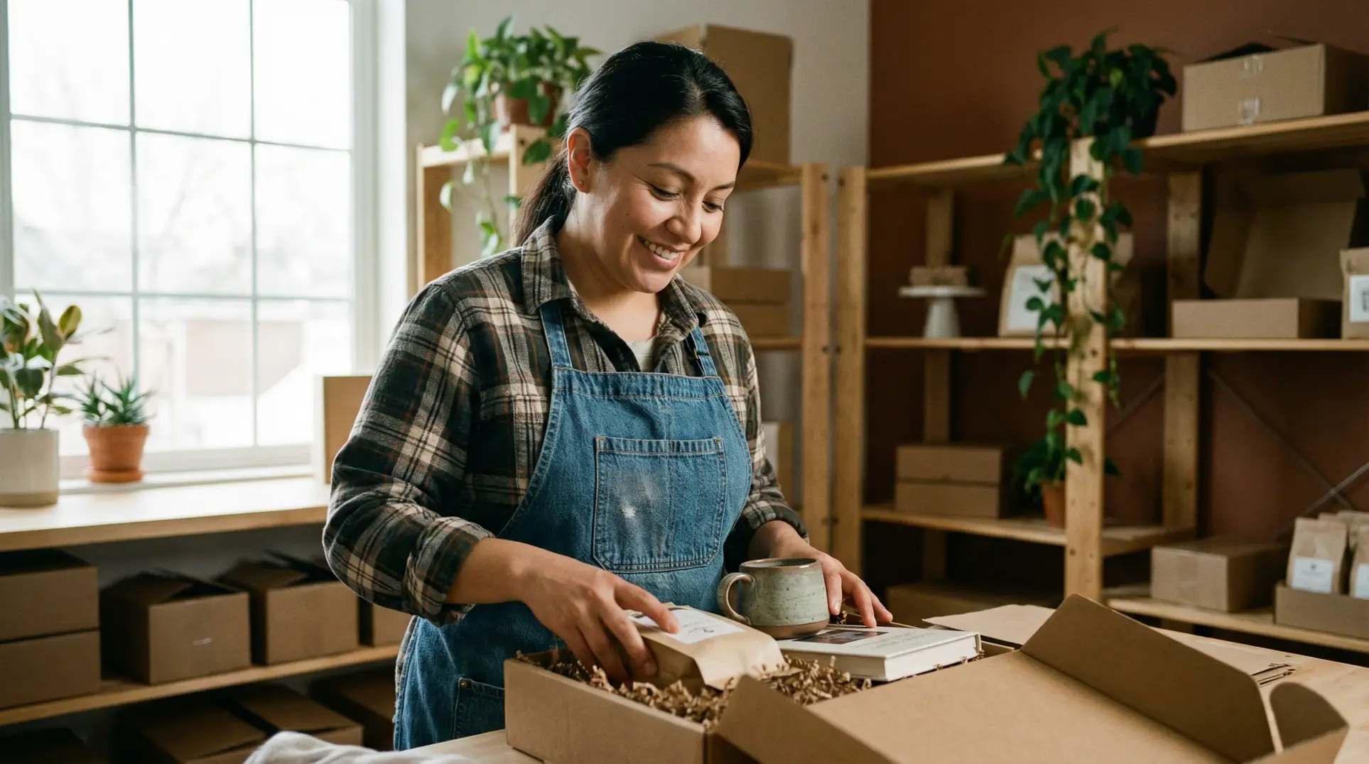 A person wearing a plaid shirt and blue denim apron is packaging items in a cardboard box filled with shredded paper. They are smiling and appear to be working in a small business or home-based workspace. The background features shelves with boxes and potted plants.