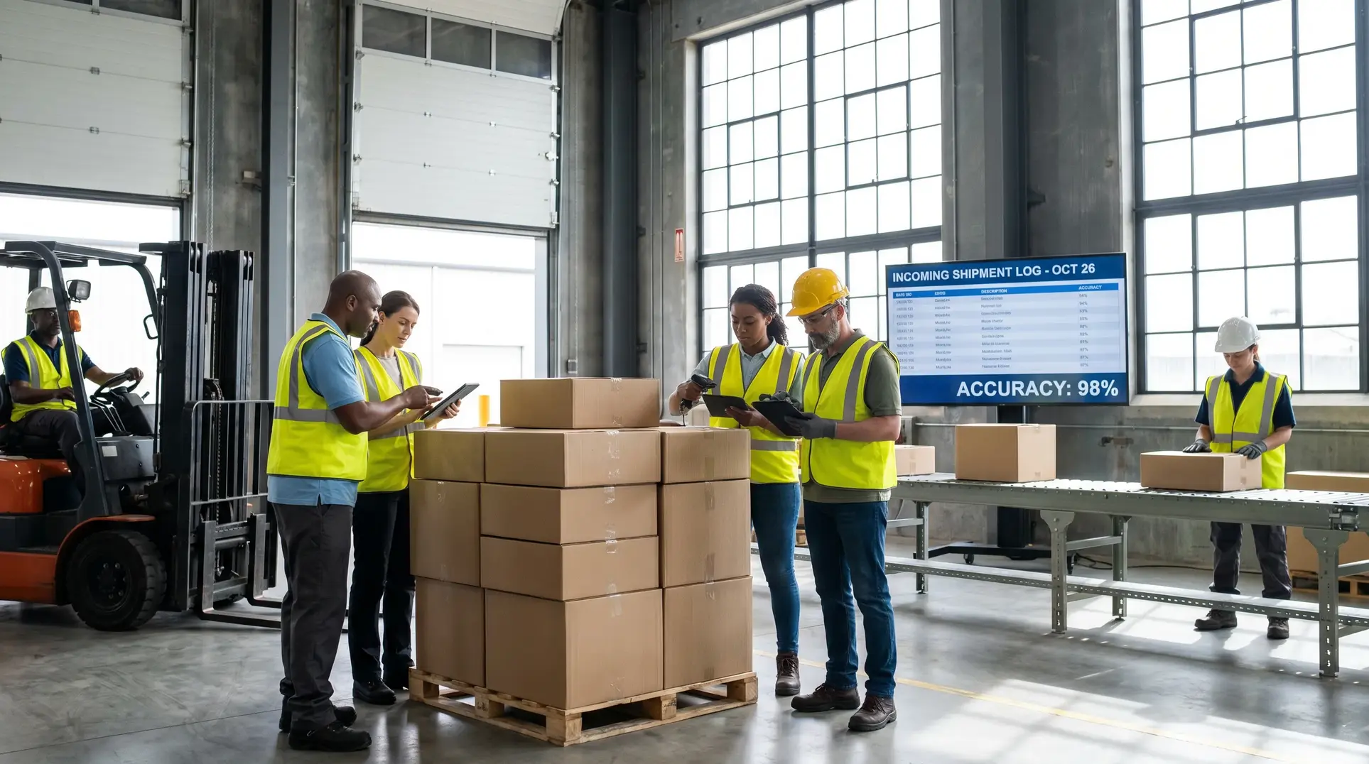Workers in a warehouse wearing safety vests and helmets handle boxes. One operates a forklift, while others use tablets to check or log information. Cardboard boxes are stacked on a pallet near a conveyor belt. A large screen displays an 'Incoming Shipment Log' with 98% accuracy.