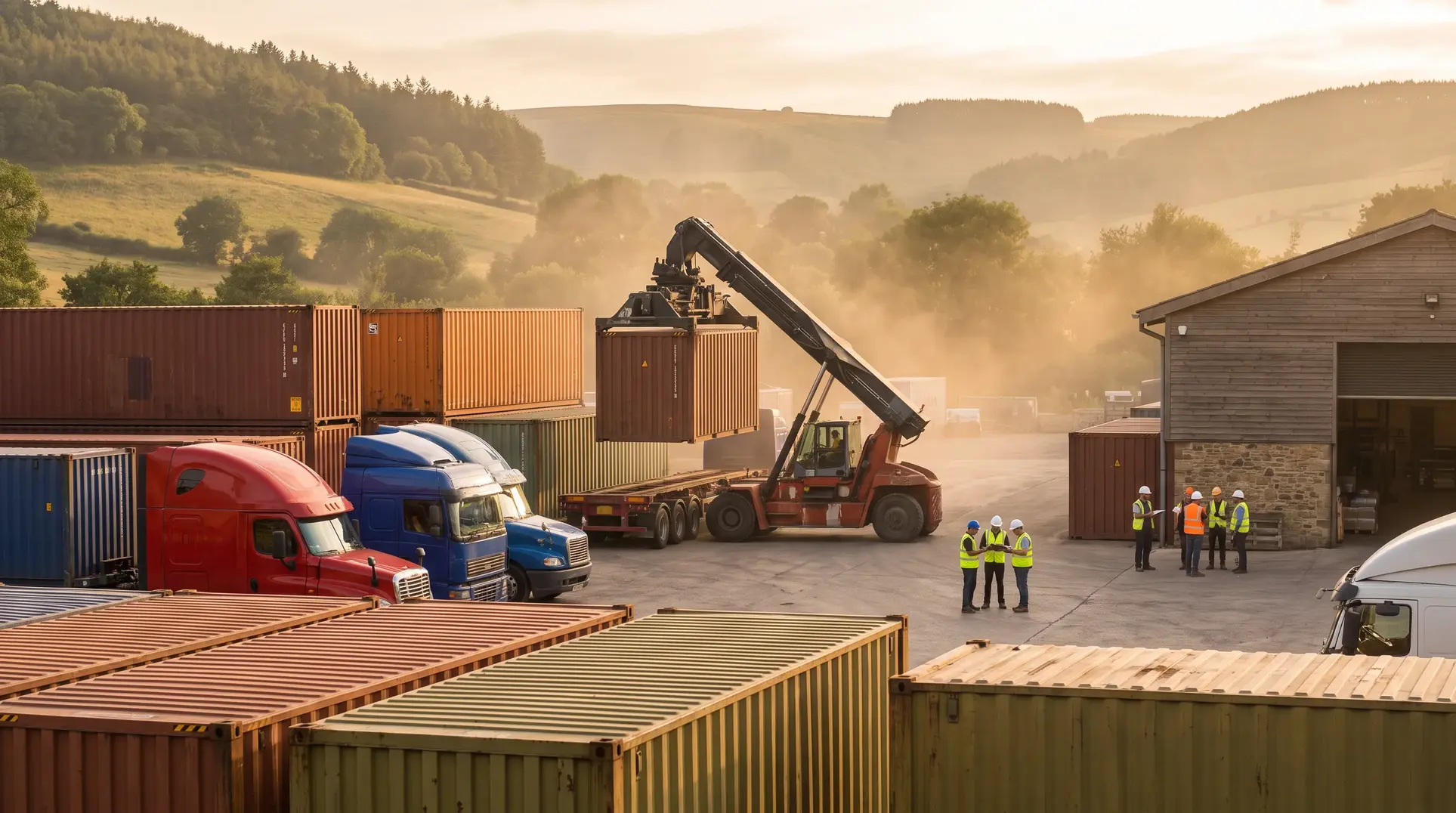 A busy logistics or shipping yard featuring stacked shipping containers, a forklift or crane lifting a container, and trucks parked nearby. Workers in safety vests and helmets are gathered near a building, likely for a meeting, set against a backdrop of rural hills and trees.