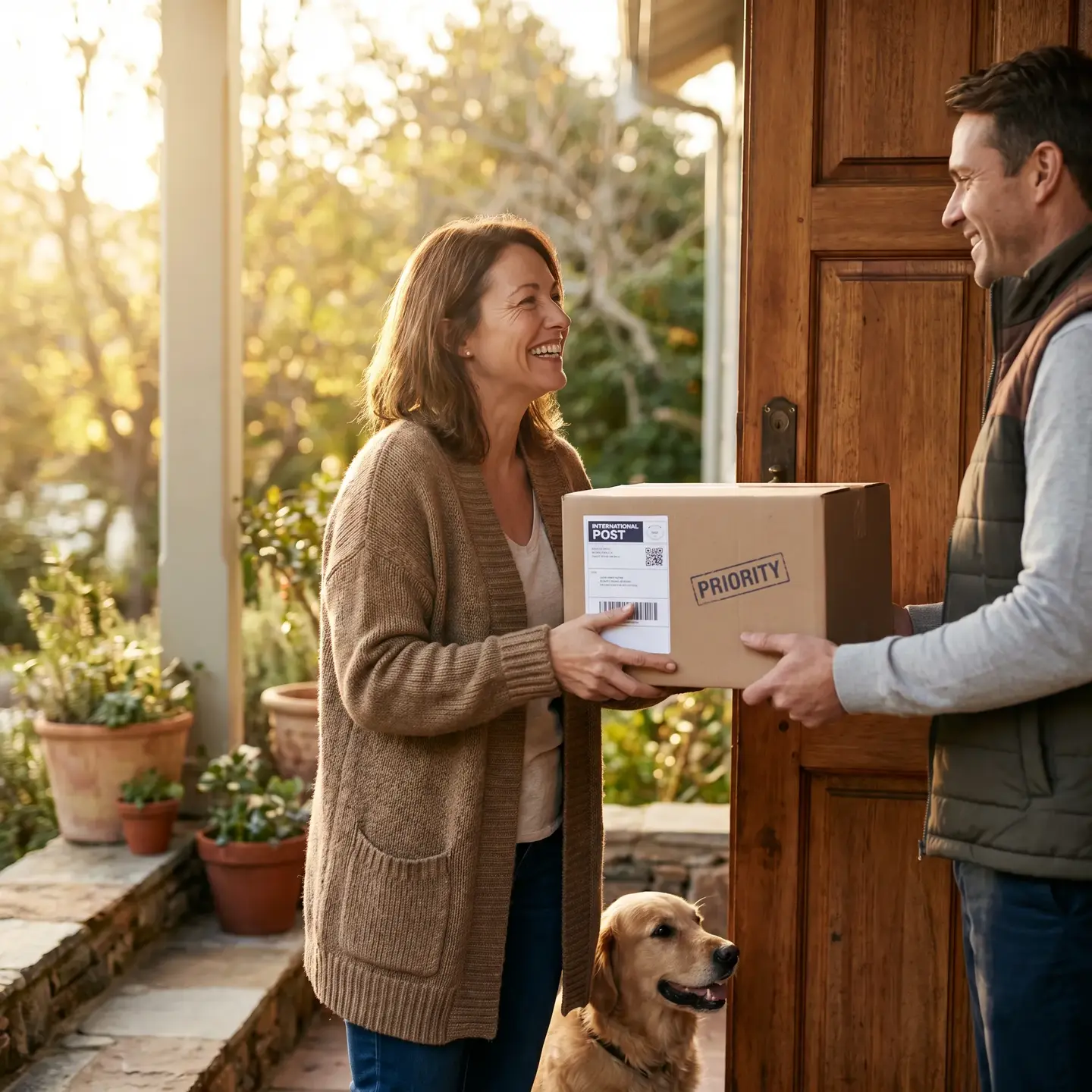 Happy customer receiving international delivery