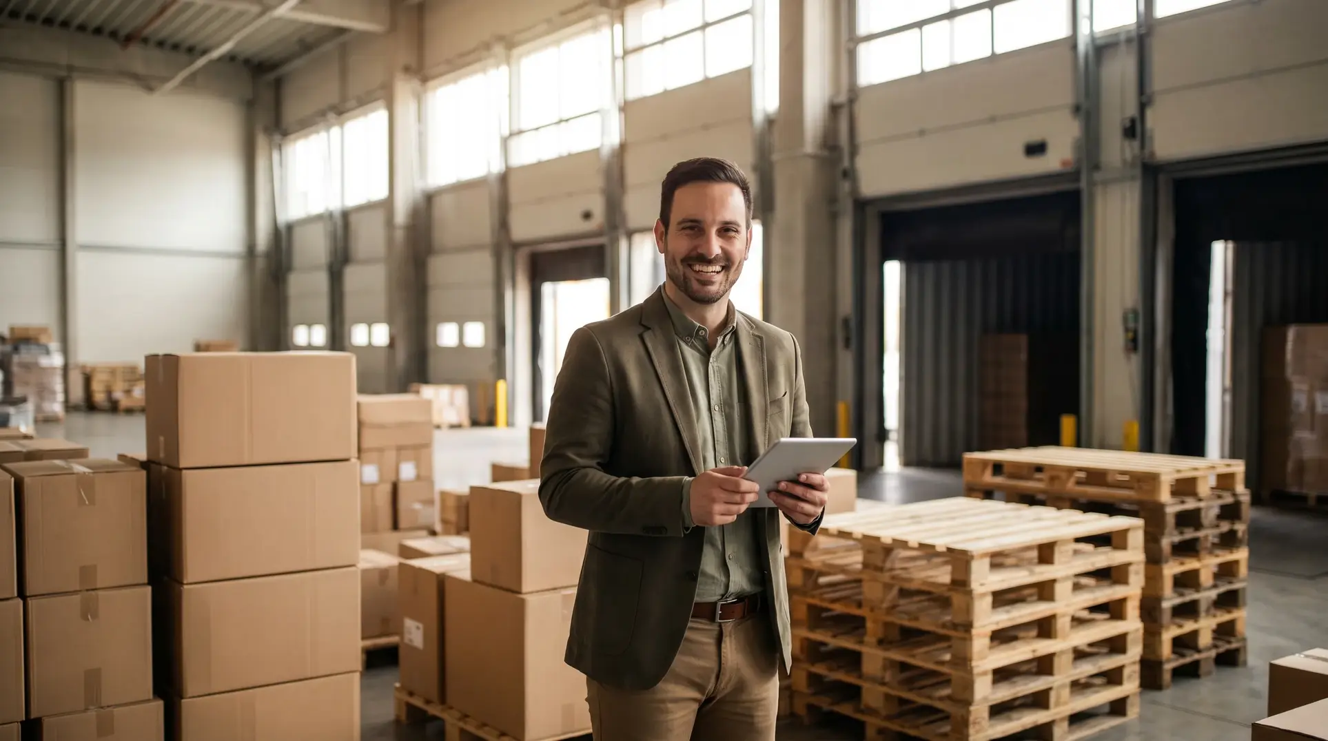 A person in a spacious warehouse holding a tablet, surrounded by stacks of cardboard boxes and wooden pallets. The warehouse features large windows and industrial doors.