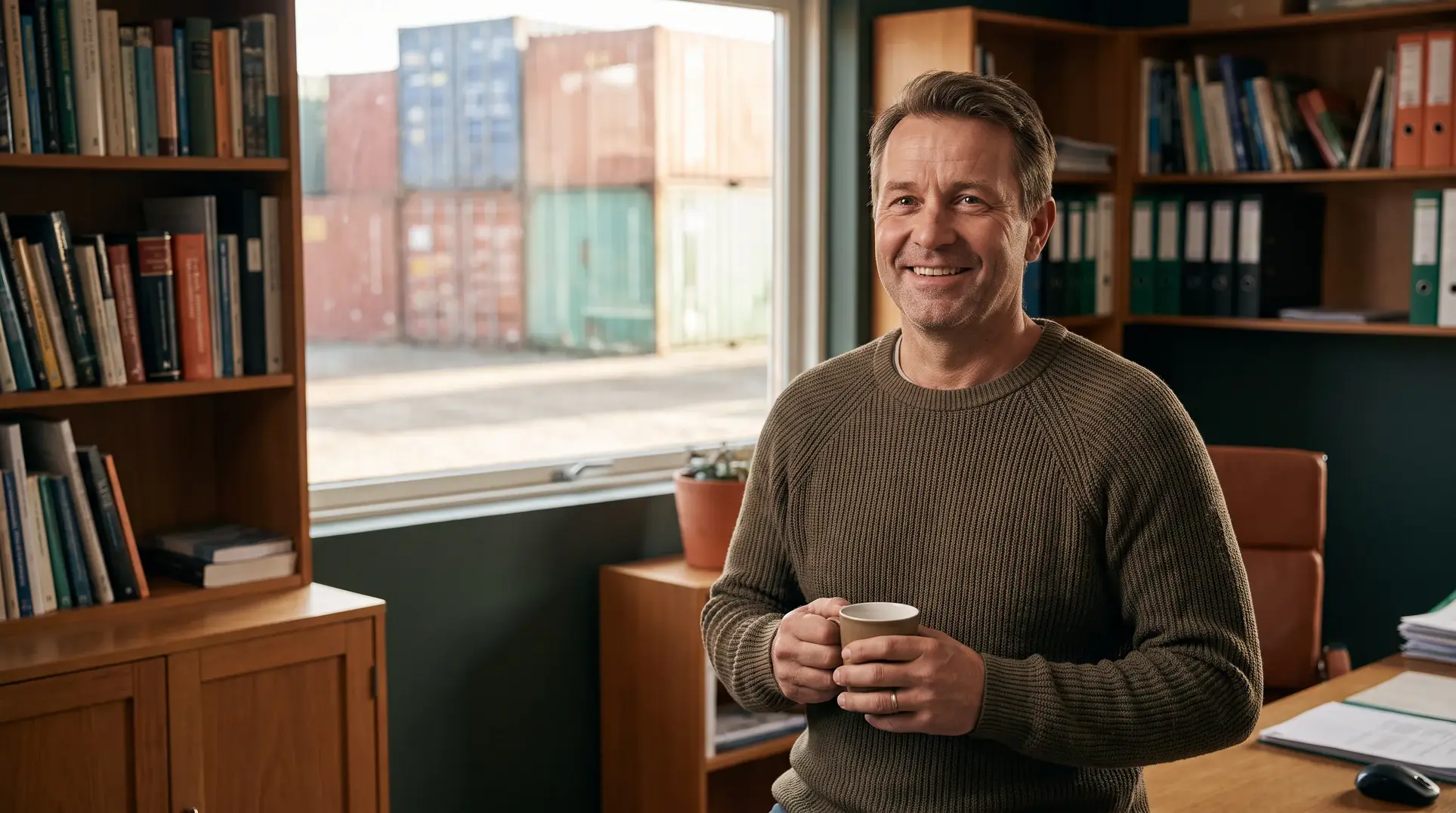 A person is standing indoors, smiling and holding a cup. Behind them are bookshelves filled with books and binders, and through the window, various shipping containers are visible outside. The scene depicts a cozy and organized office environment.
