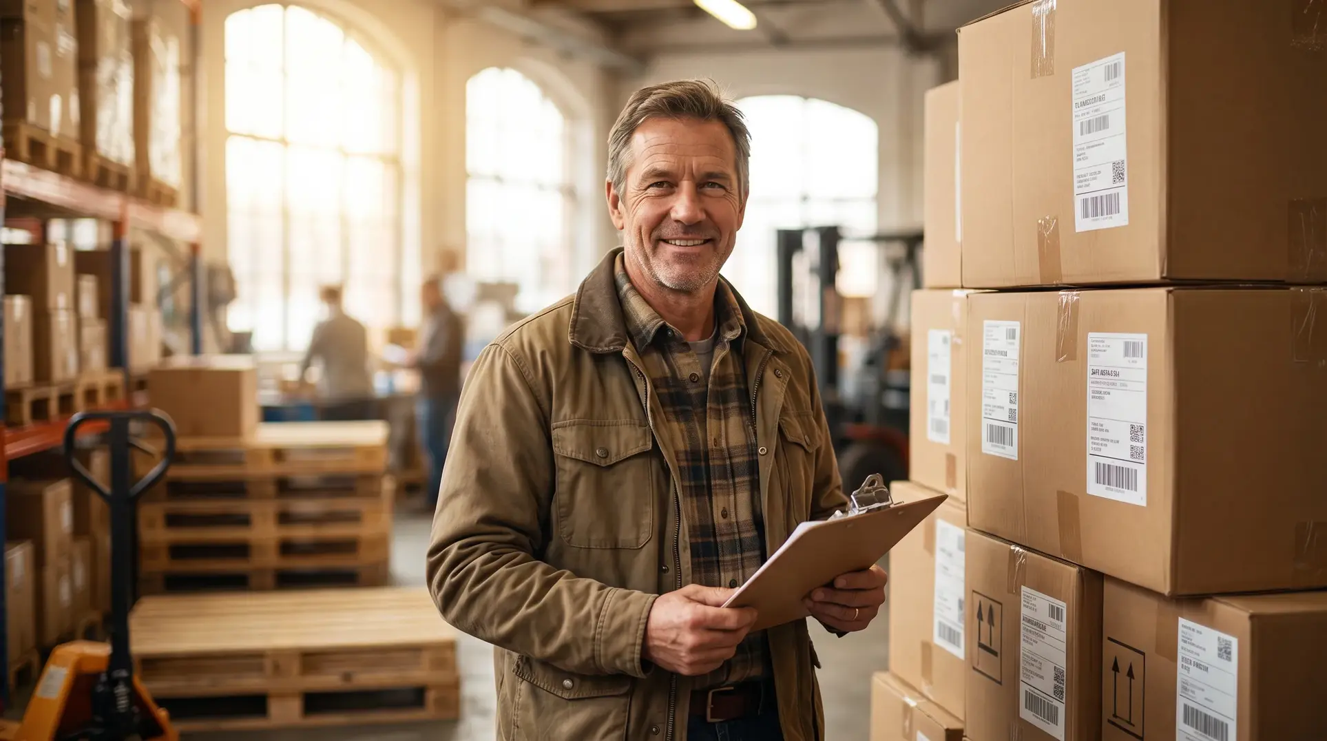 A man standing in a warehouse holding a clipboard next to a stack of cardboard boxes. The background features more boxes and pallets, indicating an industrial storage area. The man appears to be supervising or checking inventory.