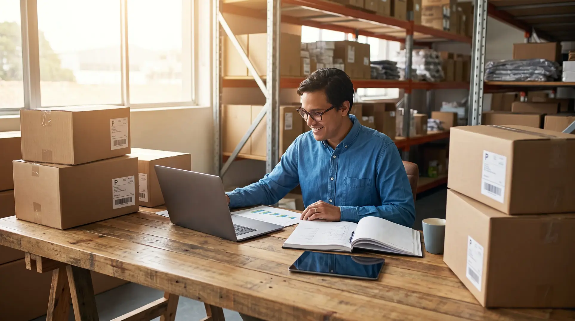 Man working on a laptop at a table surrounded by boxes