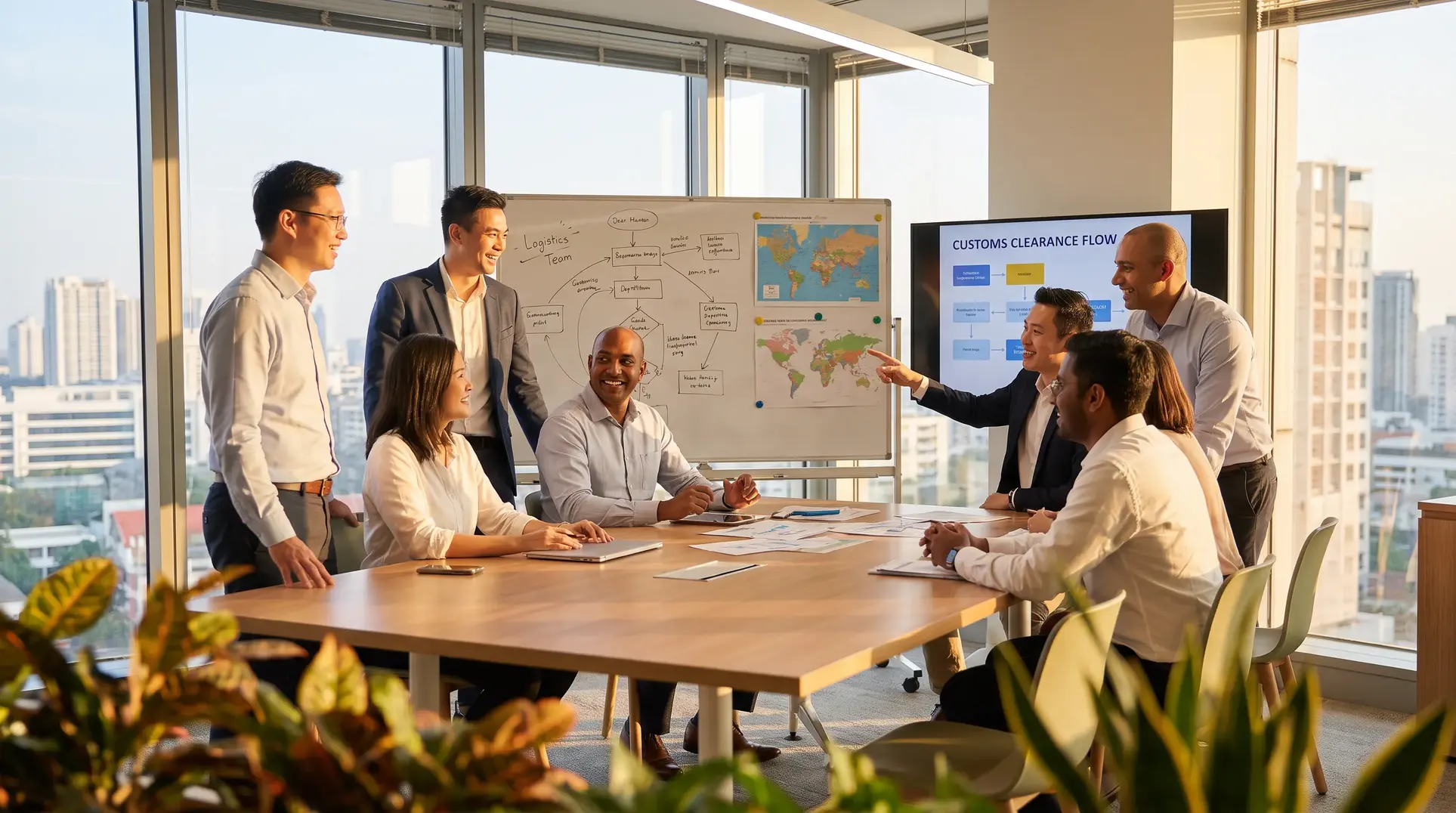A group of people seated around a conference table in a meeting room, engaged in a discussion. A whiteboard displays maps and diagrams, while a screen in the background shows the text 'CUSTOMS CLEARANCE FLOW.' The room is bright, with large windows offering a view of the cityscape, creating a professional and collaborative atmosphere.