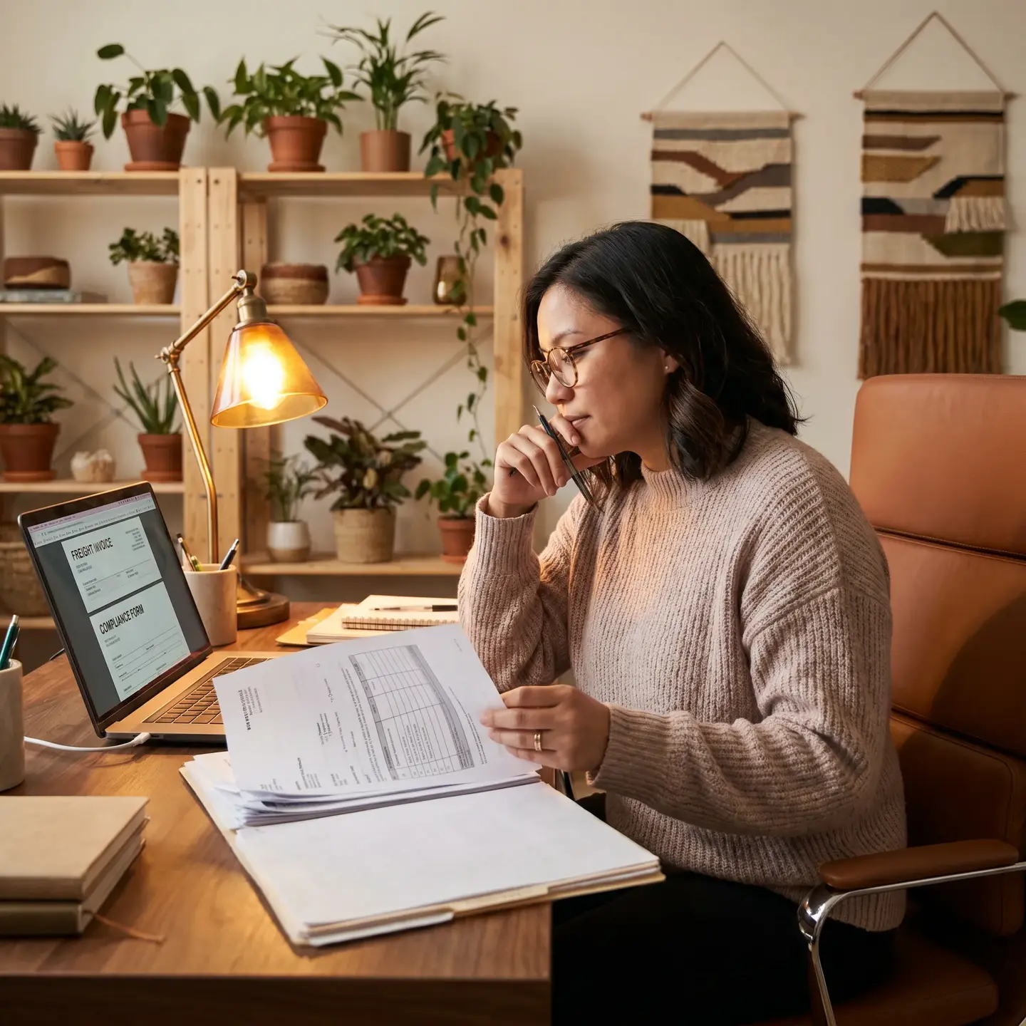 Manager reviews freight documents
