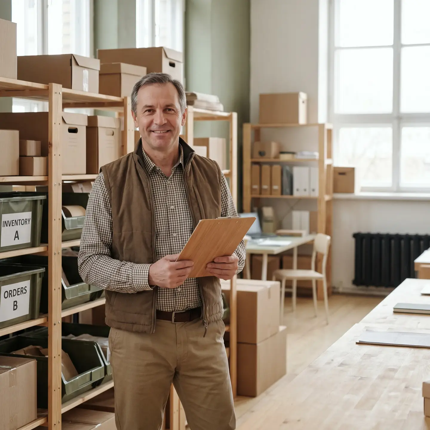 Manager with clipboard reviewing warehouse shelves
