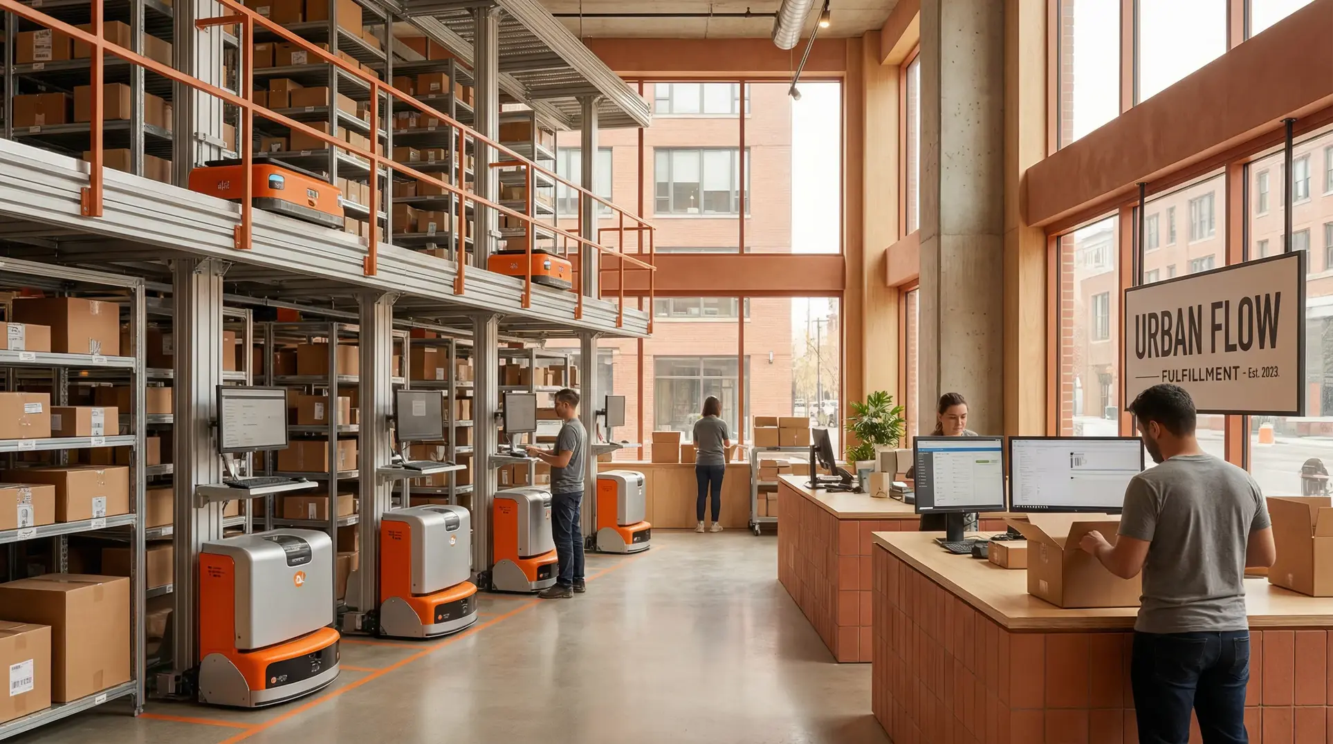 An organized warehouse or fulfillment center with staff working alongside automated robots. Rows of shelves are filled with boxes, and there are computers on desks. A sign reads 'Urban Flow Fulfillment - Est. 2023.' The area is well-lit with large windows, showcasing a modern and efficient work environment.