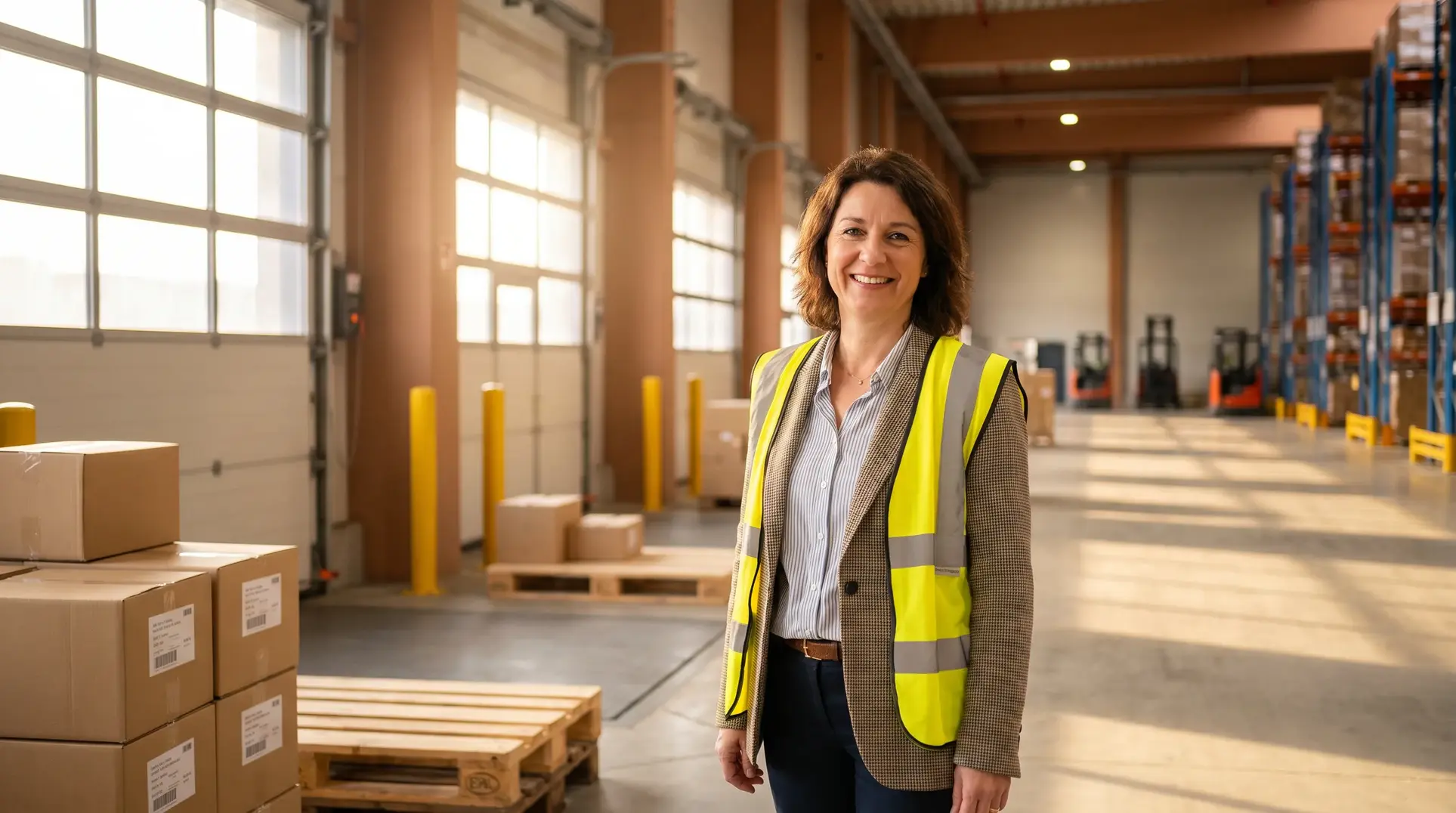A person wearing a high-visibility safety vest stands in a warehouse environment, surrounded by boxes and pallets. Racks with additional storage and equipment are visible in the background. The person is smiling, and daytime lighting illuminates the scene.