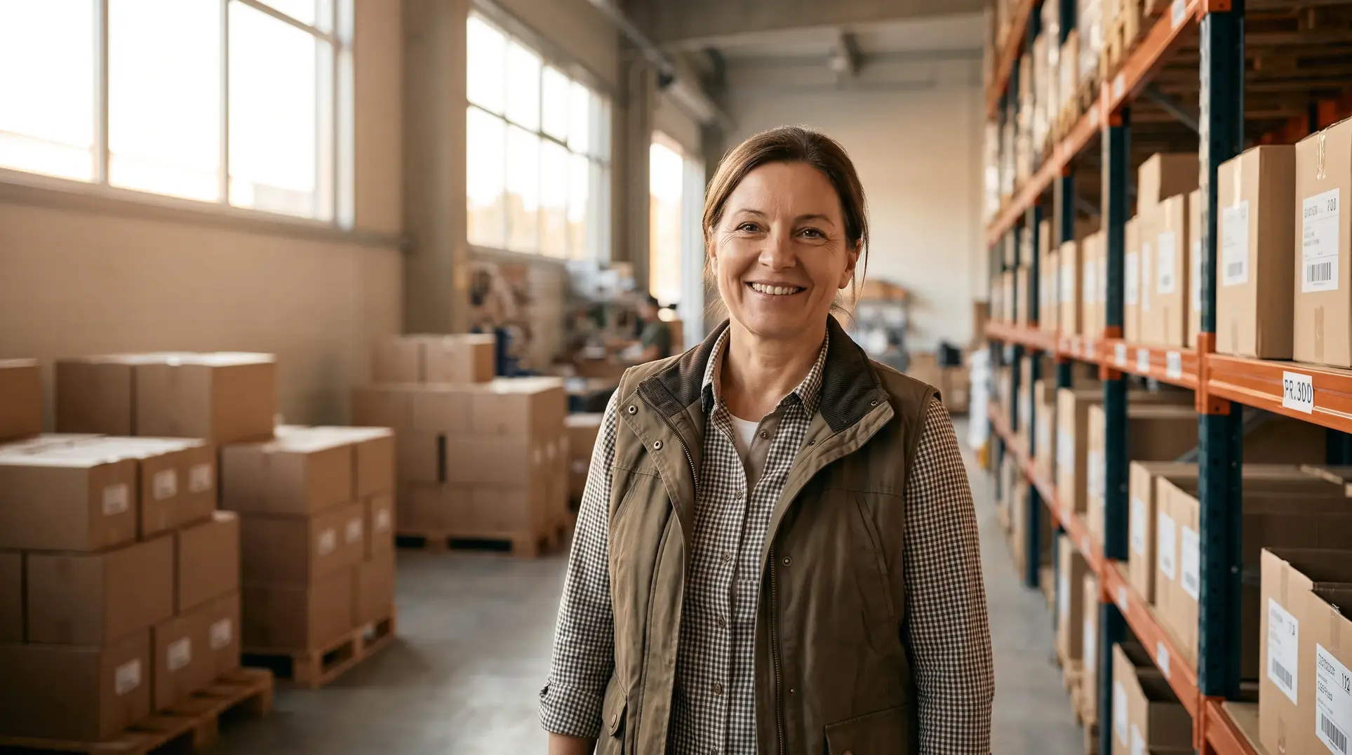 A person stands in a well-lit warehouse, surrounded by shelves filled with boxes. Additional boxes are stacked on pallets, and large windows line one wall, allowing natural light to illuminate the space.
