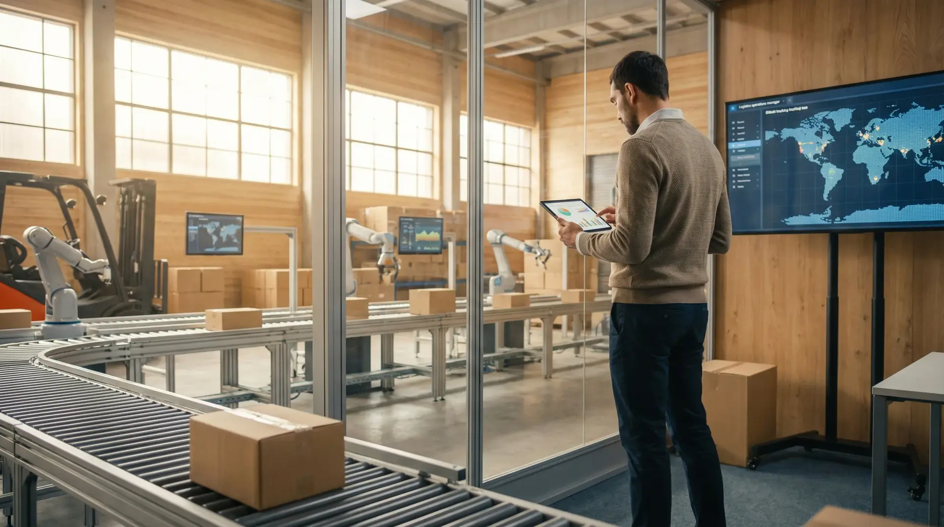 A modern warehouse or manufacturing facility with a person holding a tablet displaying graphs, observing robotic arms working on a conveyor belt with boxes through a glass wall. A forklift is visible in the background, and a large screen shows a map with data points, representing logistics or operations management.