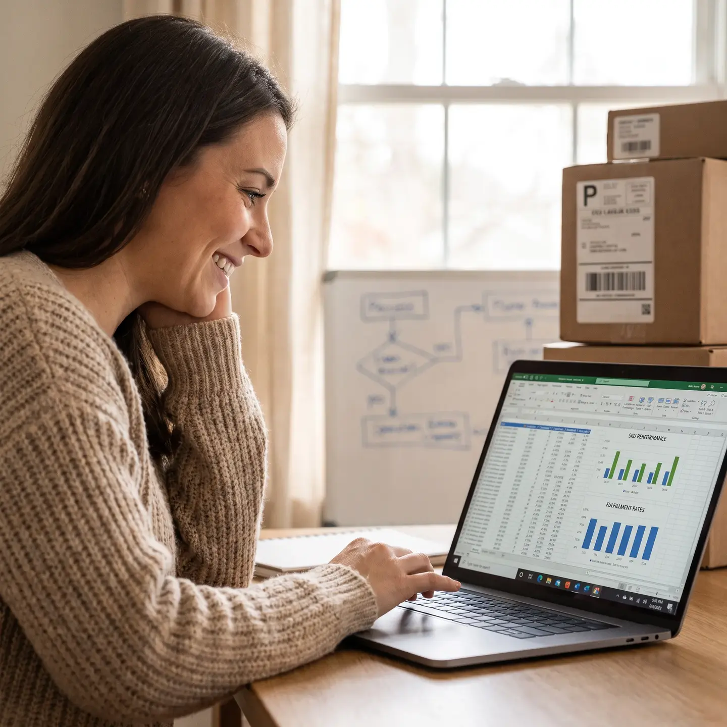 Woman reviewing SKU performance and fulfillment rate charts in a spreadsheet on her laptop, with parcels stacked nearby