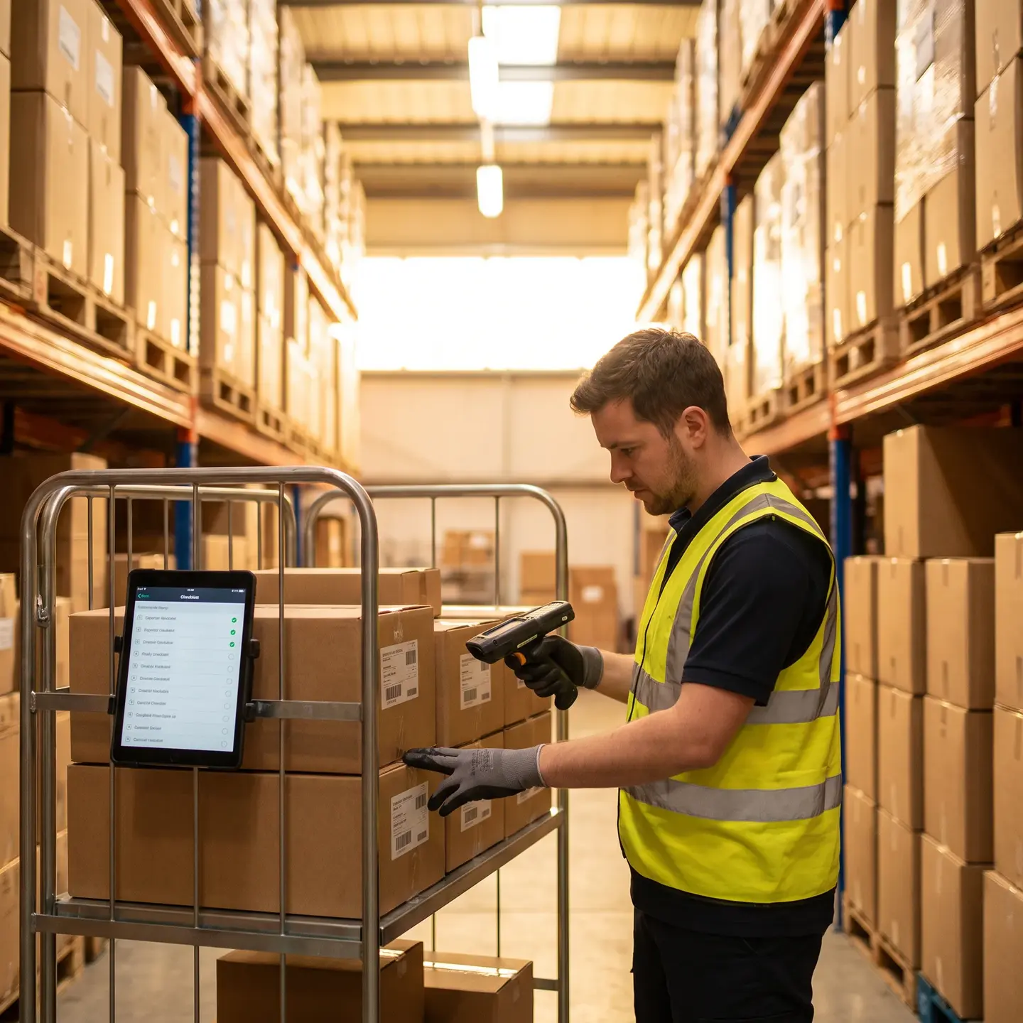 Worker scanning barcode in warehouse