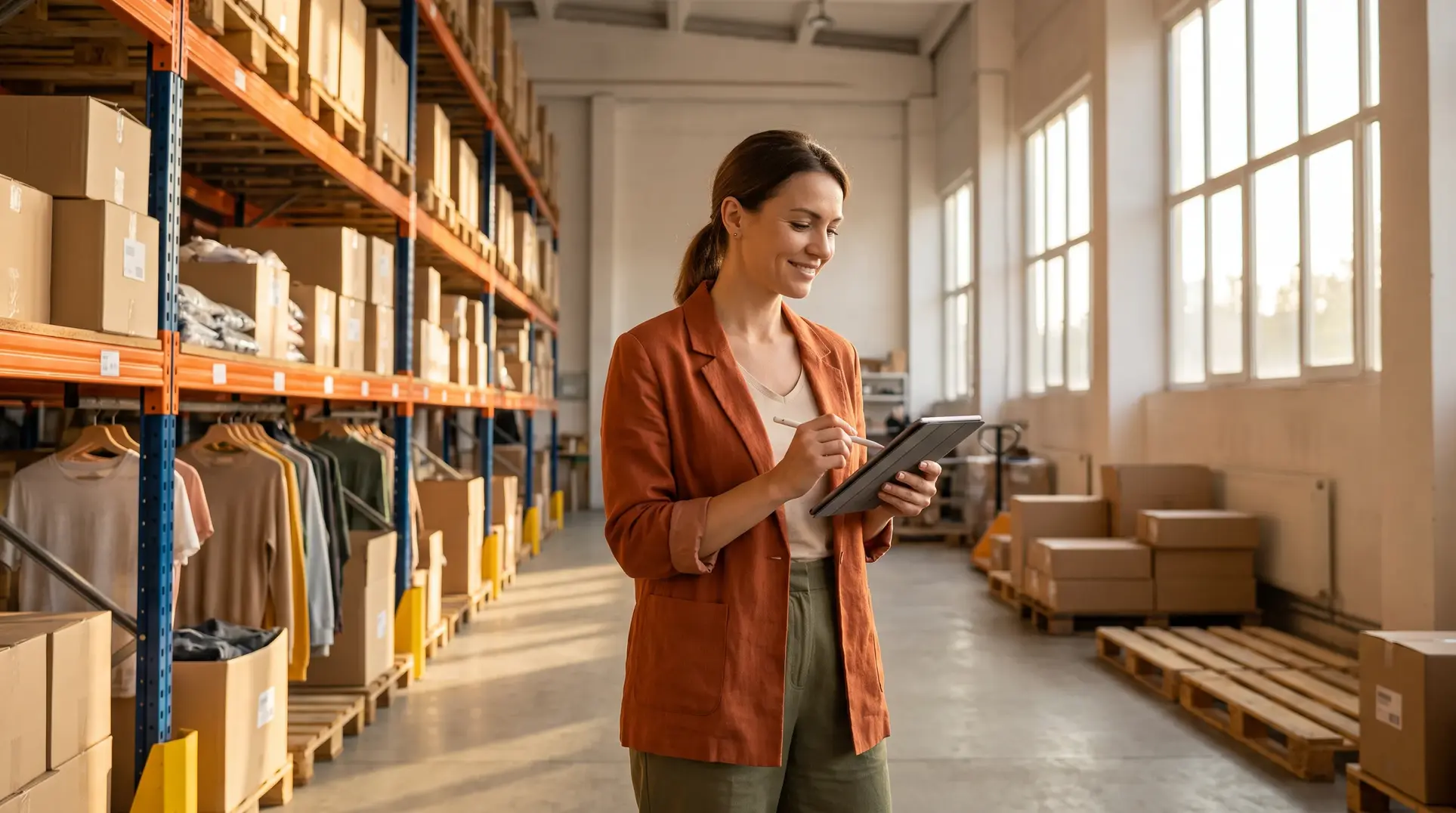 A woman stands in a well-lit warehouse holding a tablet and stylus, appearing to take inventory or manage logistics. The warehouse contains shelves filled with boxes and hanging clothes, with natural light streaming through large windows.