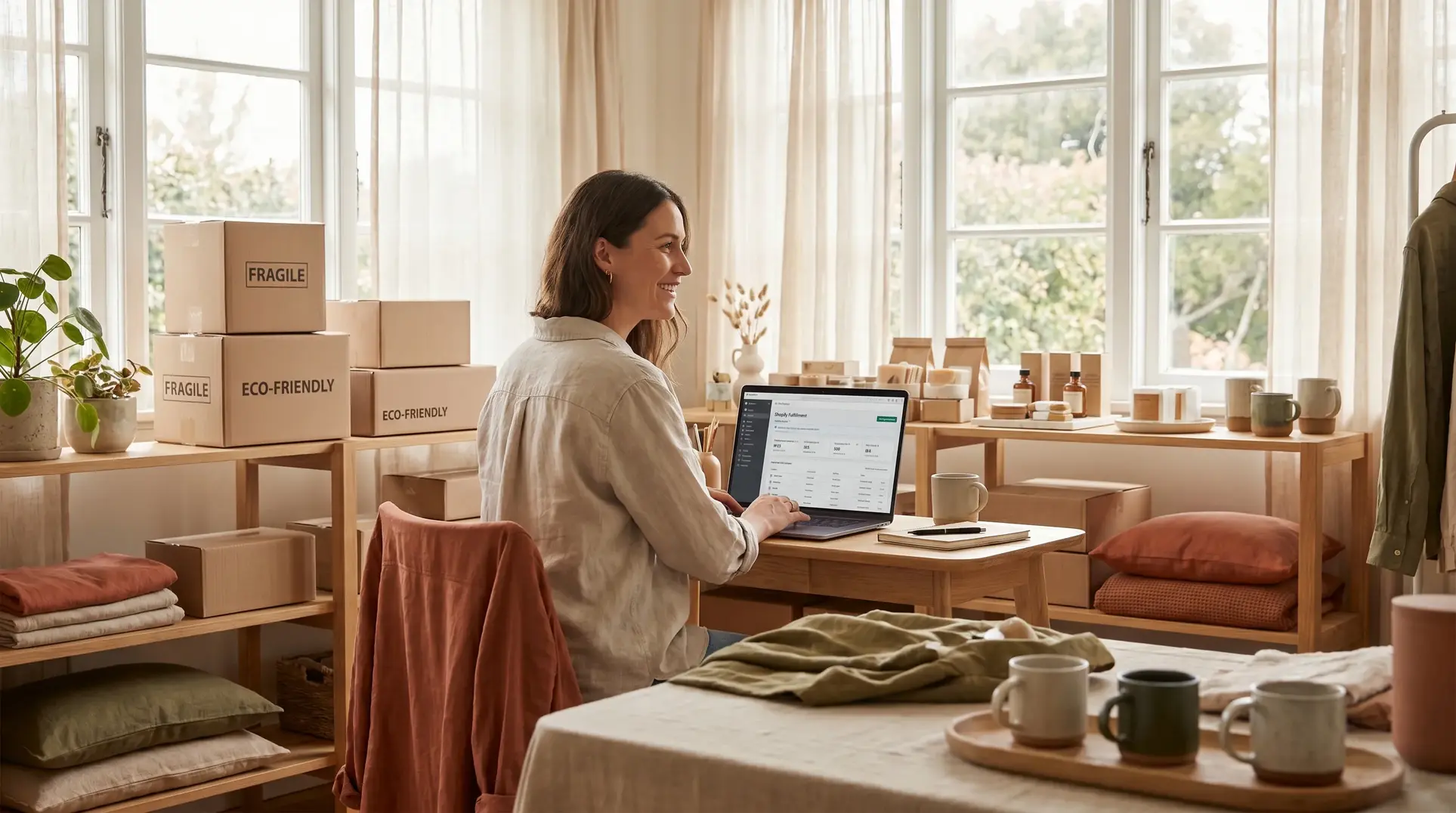 A home office setup with a person working on a laptop at a desk. Shelves hold cardboard boxes labeled 'FRAGILE' and 'ECO-FRIENDLY,' along with folded clothes and various packages. A plant adds a touch of greenery, and natural light streams in through large windows, creating an organized and cozy small business environment.