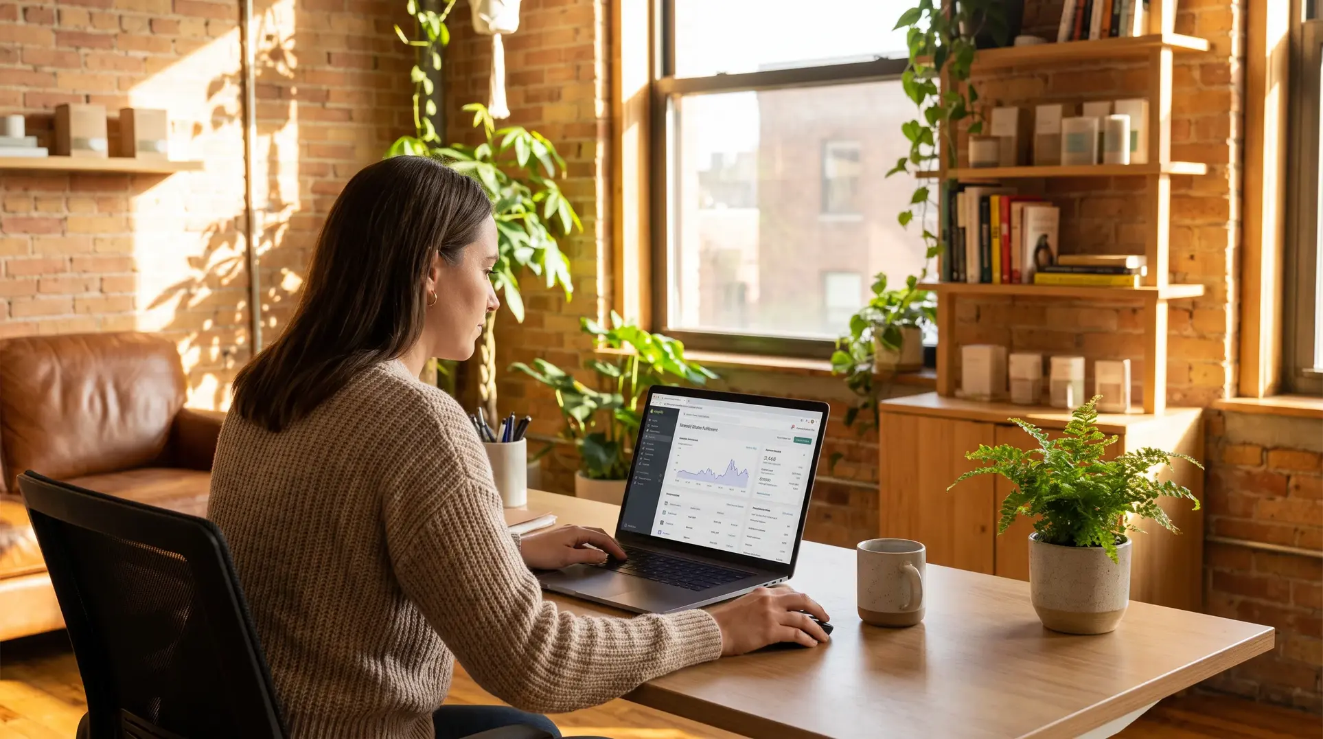 A person sits at a desk in a well-lit home office, using a laptop with a dashboard showing graphs and data. The space is cozy and organized, featuring natural sunlight, brick walls, plants, a bookshelf, a comfortable chair, and a mug on the desk next to a potted plant.