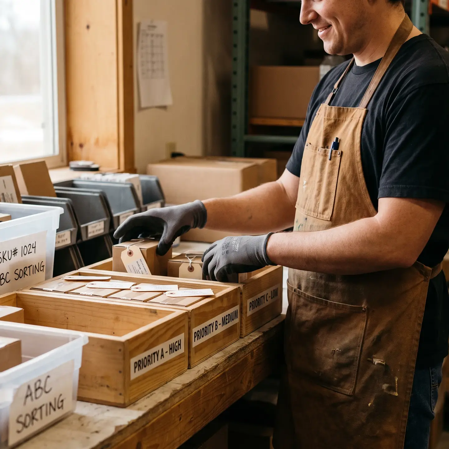 Worker in gloves sorting tagged boxes into wooden bins labelled Priority A High, Priority B Medium and Priority C Low