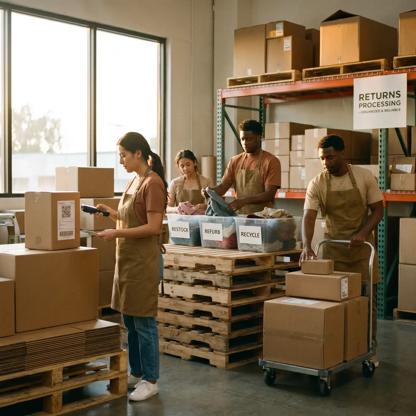 Warehouse team organizing returns