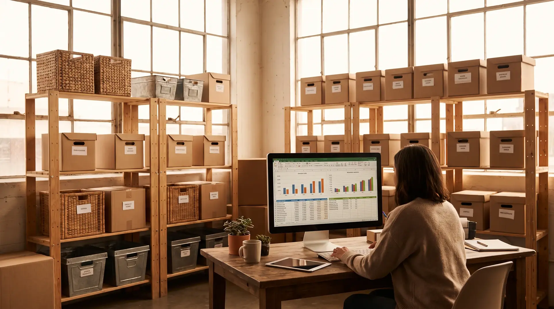 Person at a desk reviewing inventory charts on a monitor, surrounded by shelves of labelled storage boxes and baskets