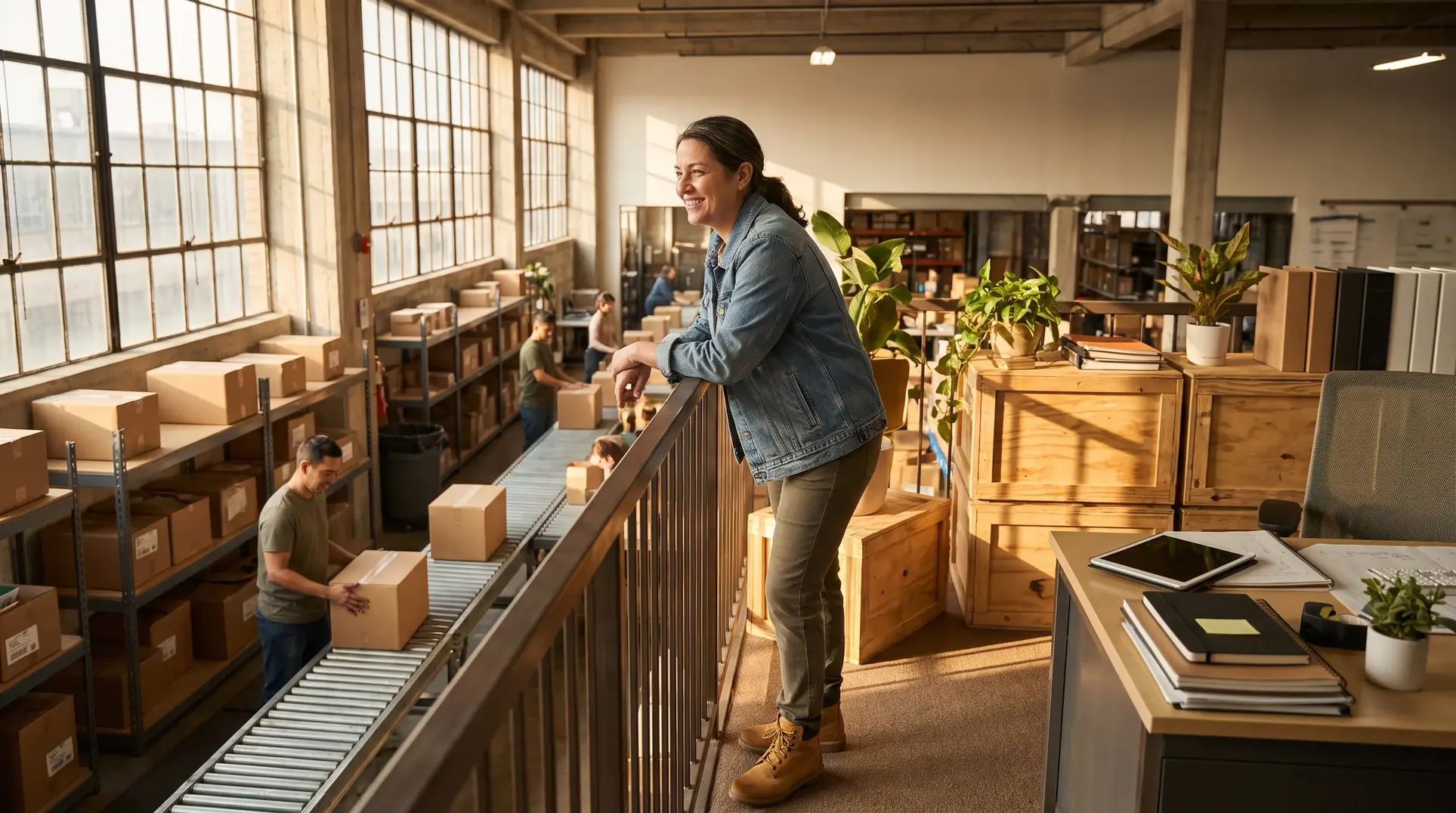 A warehouse scene featuring workers packing and moving boxes on a conveyor belt. A person stands on an upper level, leaning on a railing and observing the activity below. The space is well-lit with large windows, and there are organized shelves with boxes and supplies. On the upper level, a desk with plants, folders, and notebooks is also visible.