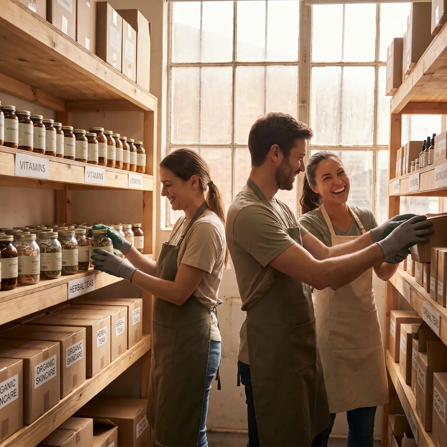 Warehouse staff organizing natural health products