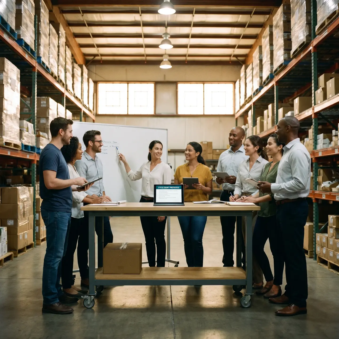 Warehouse team meeting to discuss operations