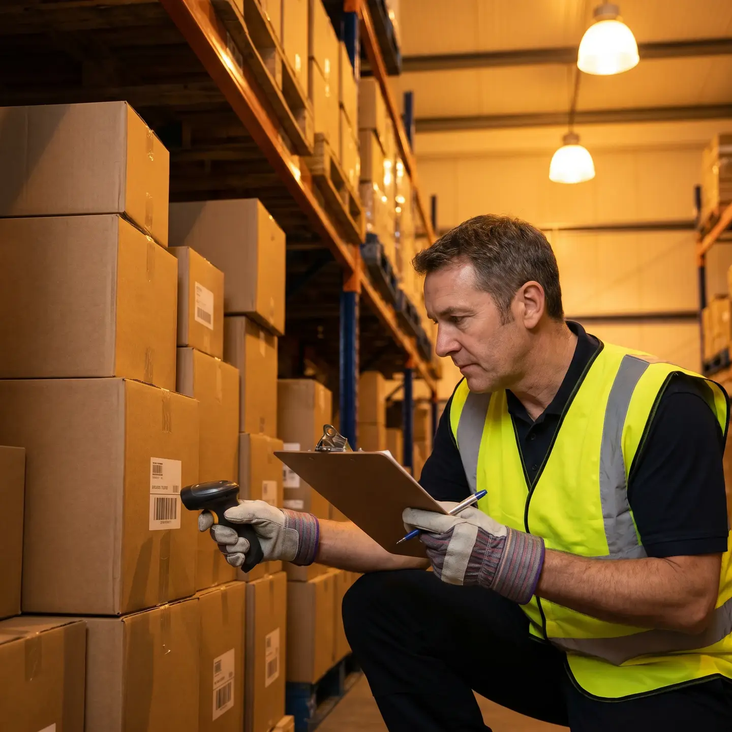 Worker counting inventory in warehouse